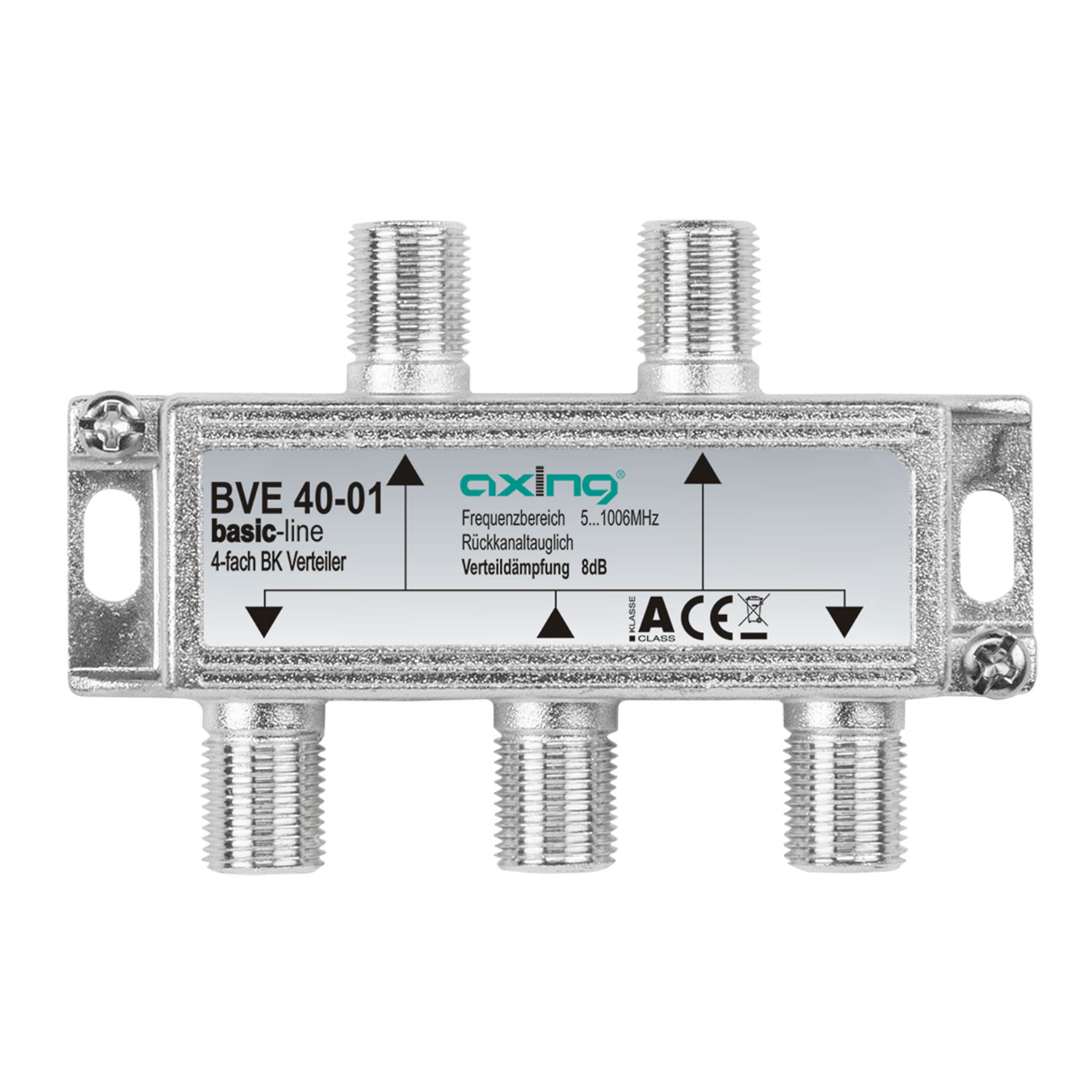 Silberfarbener Metall-4-Wege-Splitter mit Schraubanschlüssen und Etikett mit Text und Pfeilen.
