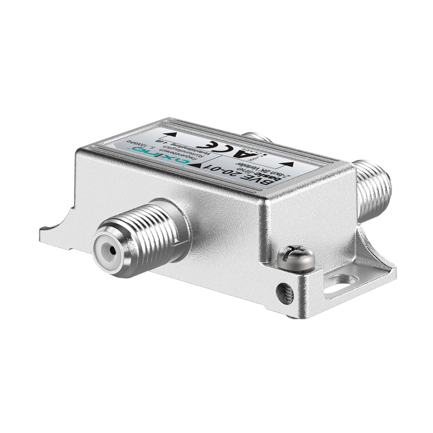 Ein silberner F-Stecker. Es hat zwei Eingänge und einen Ausgang. Es befindet sich auf weißem Hintergrund.