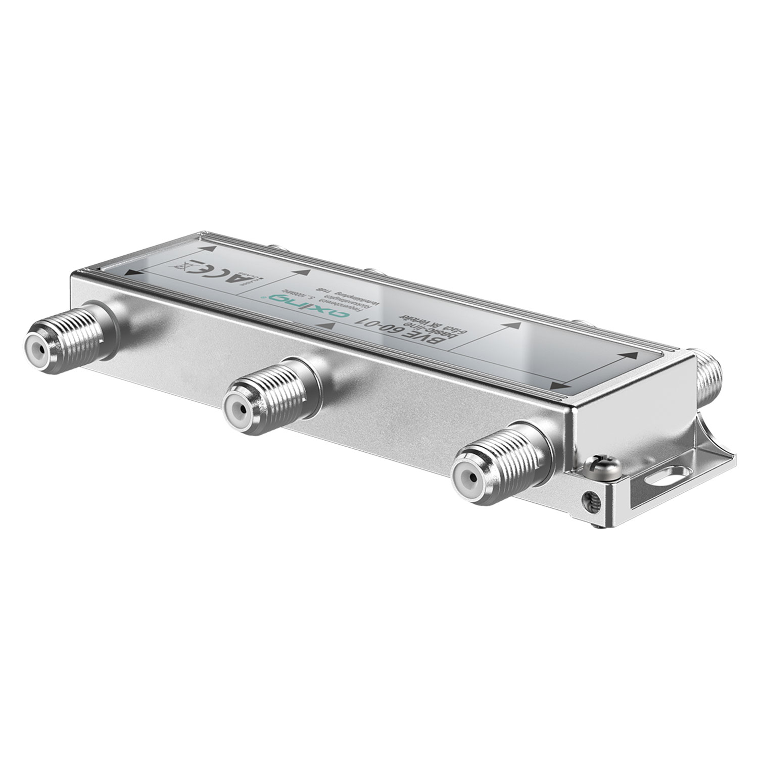Ein silberner 3-Wege-Splitter mit Anschlüssen auf weißem Untergrund, aus einem Winkel betrachtet.