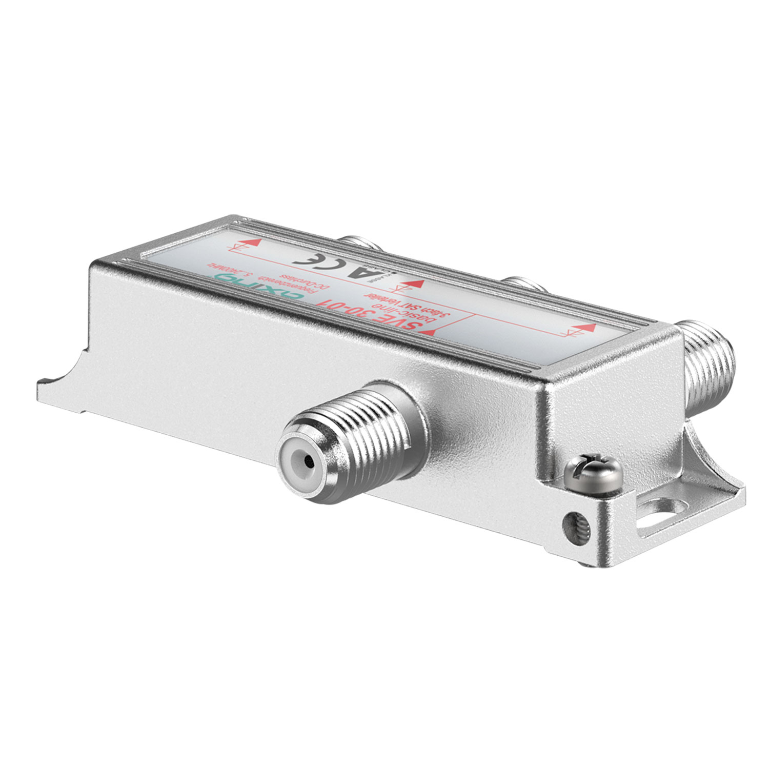 Silberfarbener Satellitensignal-Splitter mit drei Anschlüssen.