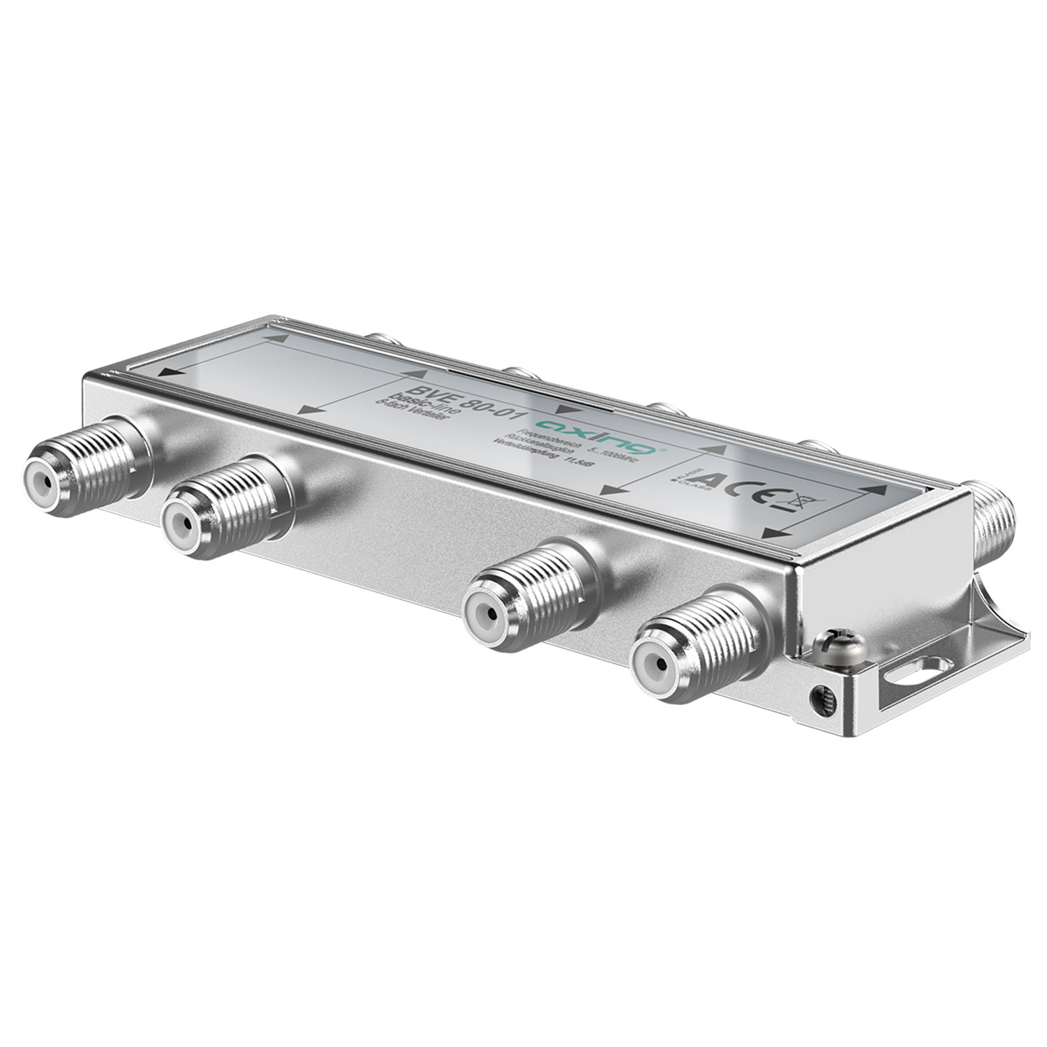 Silberner Koaxialkabel-Splitter mit mehreren Anschlüssen.