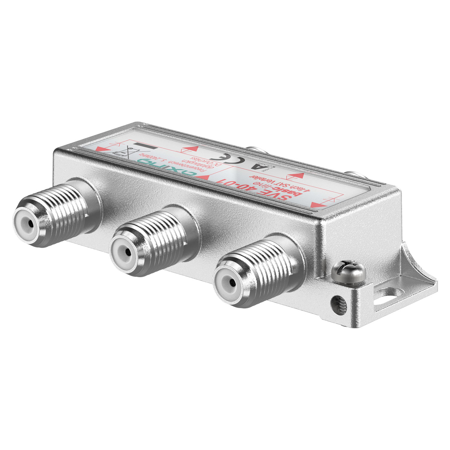 Silberner Satellitensignalverteiler mit drei Koaxialanschlüssen und Etikett.