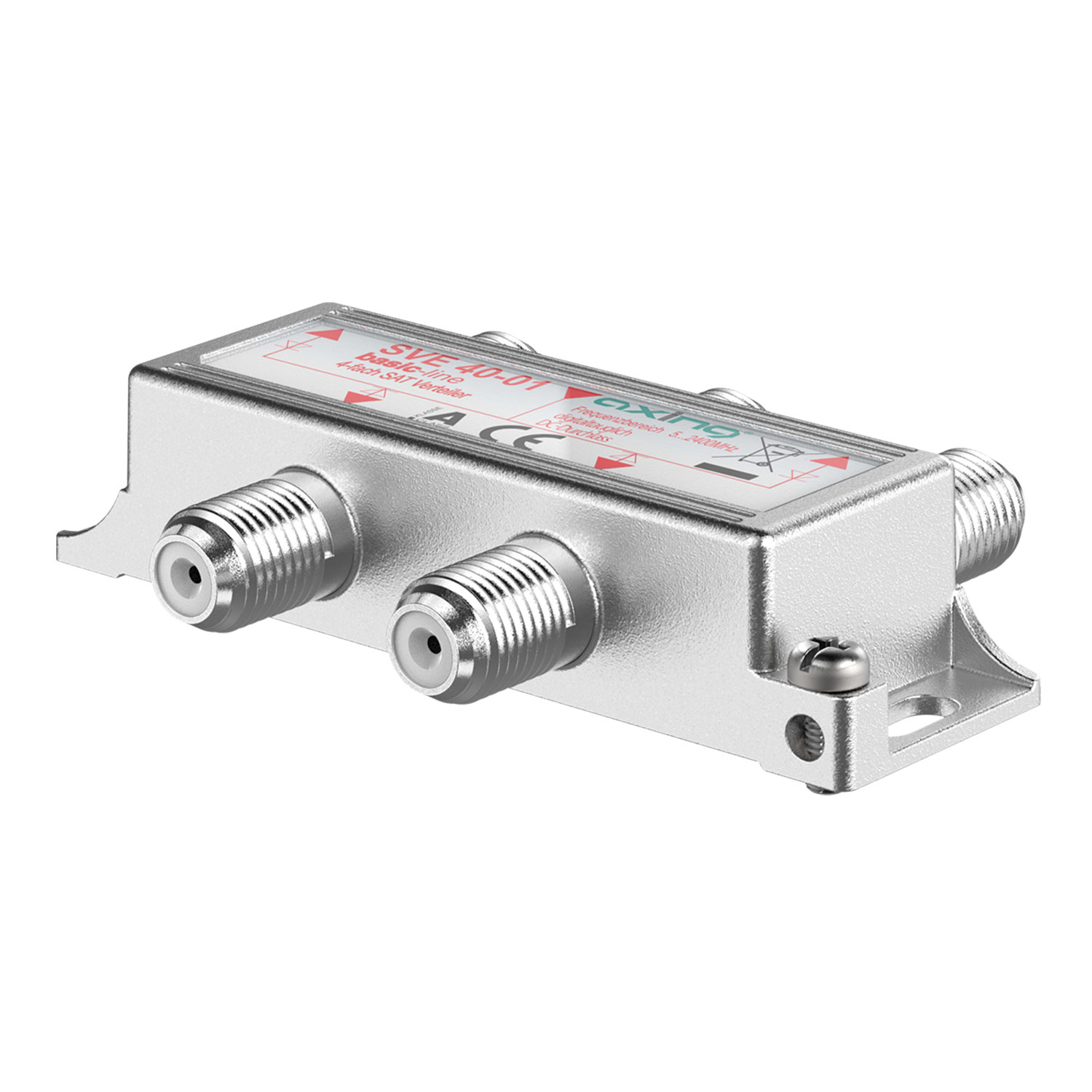 Silberner Satellitensignalverteiler mit drei Anschlüssen. Er hat ein Metallgehäuse und liegt auf weißem Untergrund.