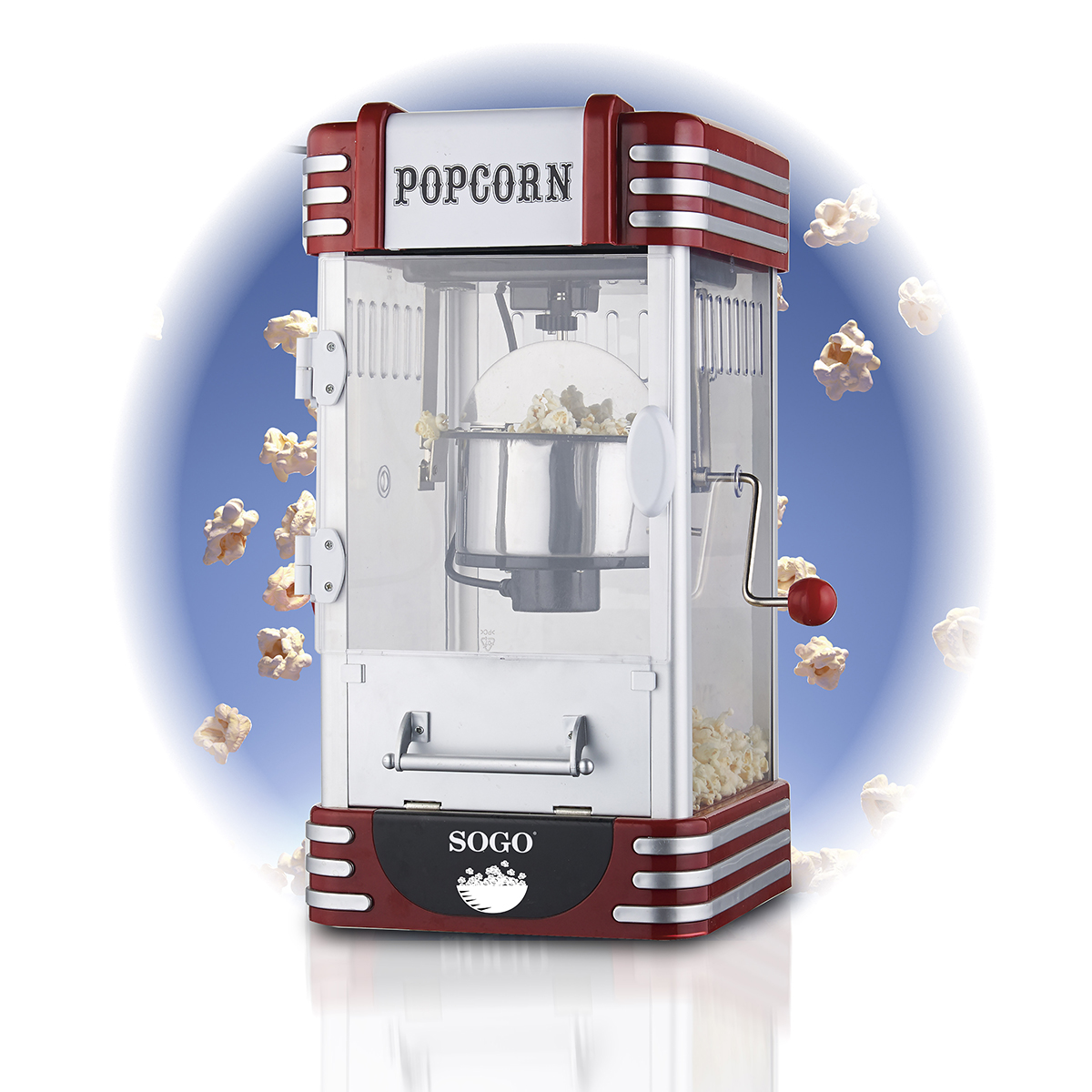 Macchina per popcorn, rossa e argento, con popcorn che escono su sfondo di cielo blu.