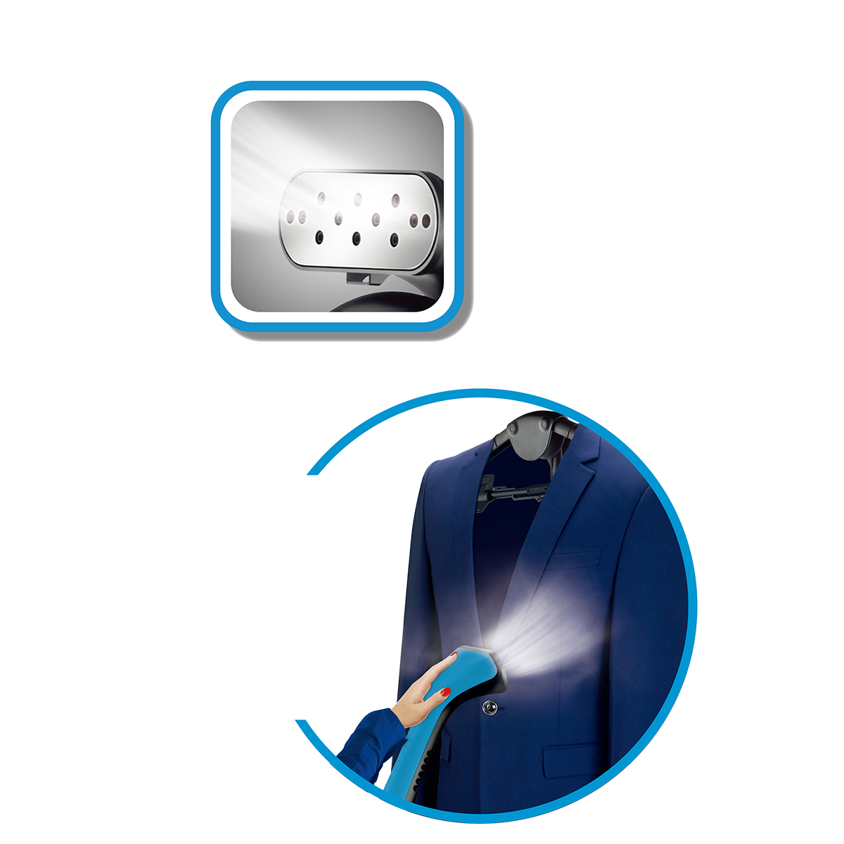 Una plancha de vapor de mano vaporizando una chaqueta azul. La plancha es azul y plateada.