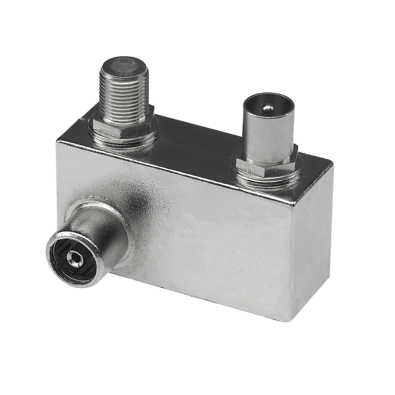 Ein metallischer Koaxialkabel-Splitter mit drei Anschlüssen.