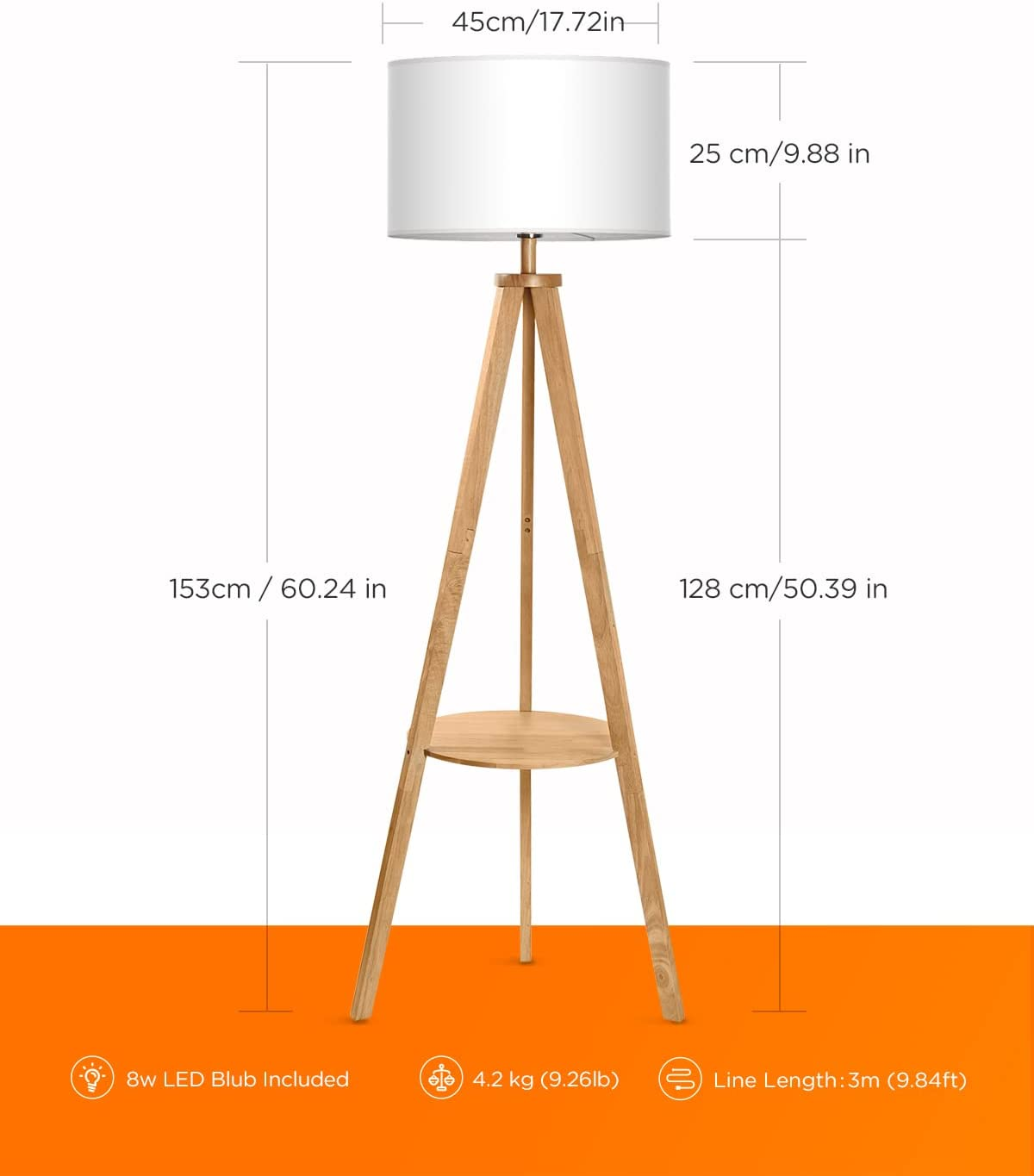 Lampada da terra a treppiede in legno con paralume bianco. Dimensioni visualizzate per altezza e larghezza.