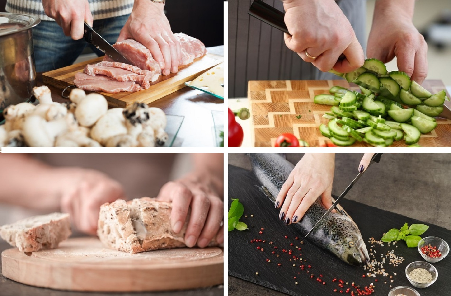 Vier Bilder: Fleisch, Gurken, Brot und Fisch auf Schneidebrettern schneiden.