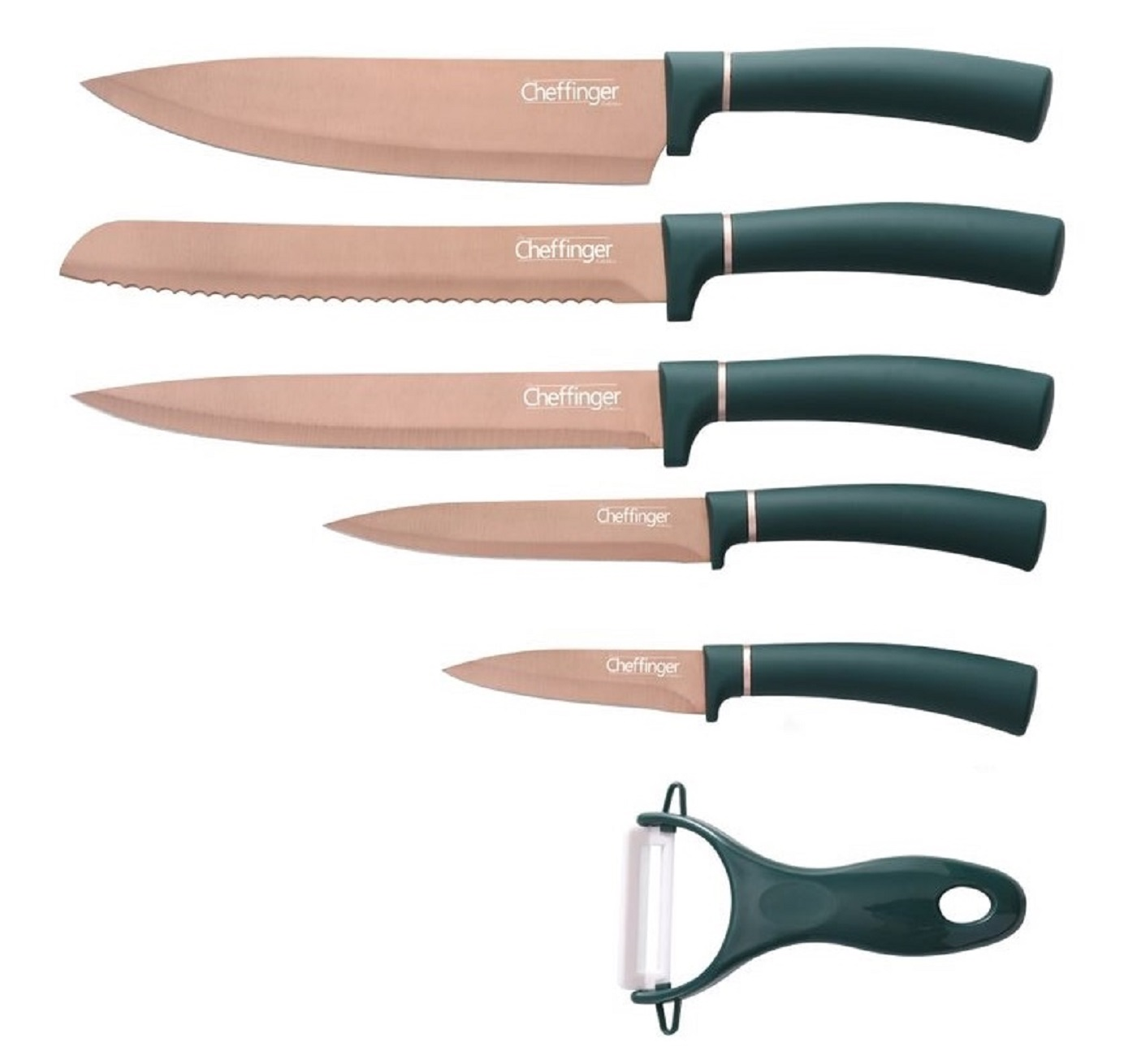 Set aus sechs Messern und einem Schäler. Messer haben Kupferklingen und dunkelgrüne Griffe.