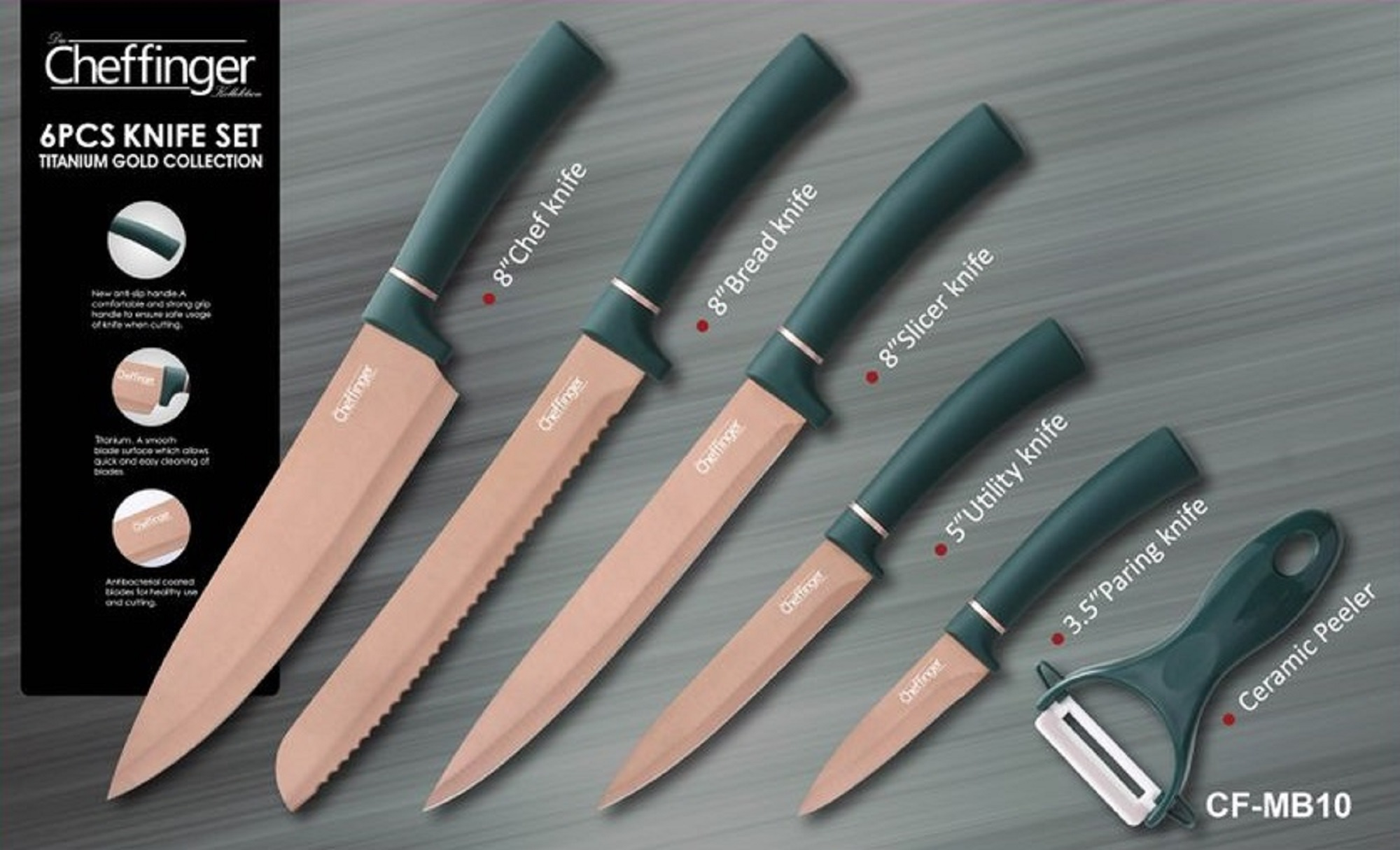 Sechs Küchenmesser mit roségoldenen Klingen und dunkelgrünen Griffen, angeordnet auf einer Oberfläche.