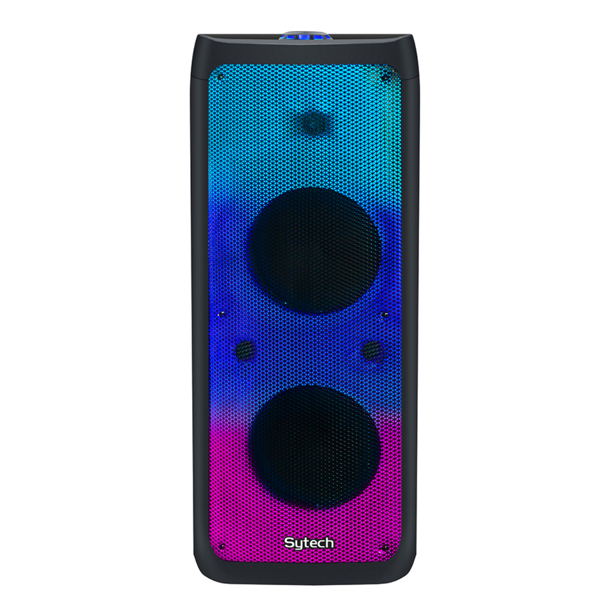 Un altavoz negro con un frente colorido.
