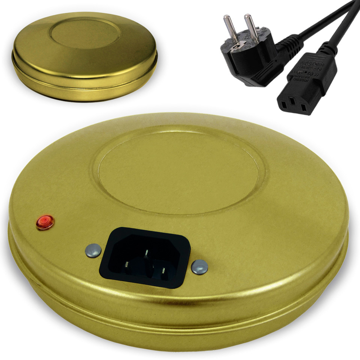 Dispositivo dorado con dos partes. Una base redonda y una tapa. Enchufe y cable de dos clavijas.