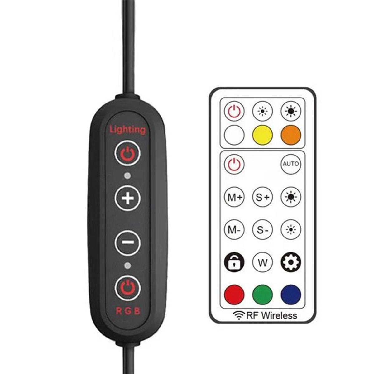 Mando a distancia negro con botones para funciones de iluminación. Incluye encendido, brillo, controles de color y RF.