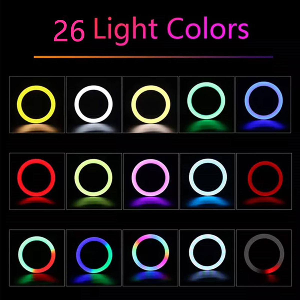 Imagen que muestra 26 luces de anillo en diferentes colores, dispuestas en filas. El título dice '26 Colores de Luz'.