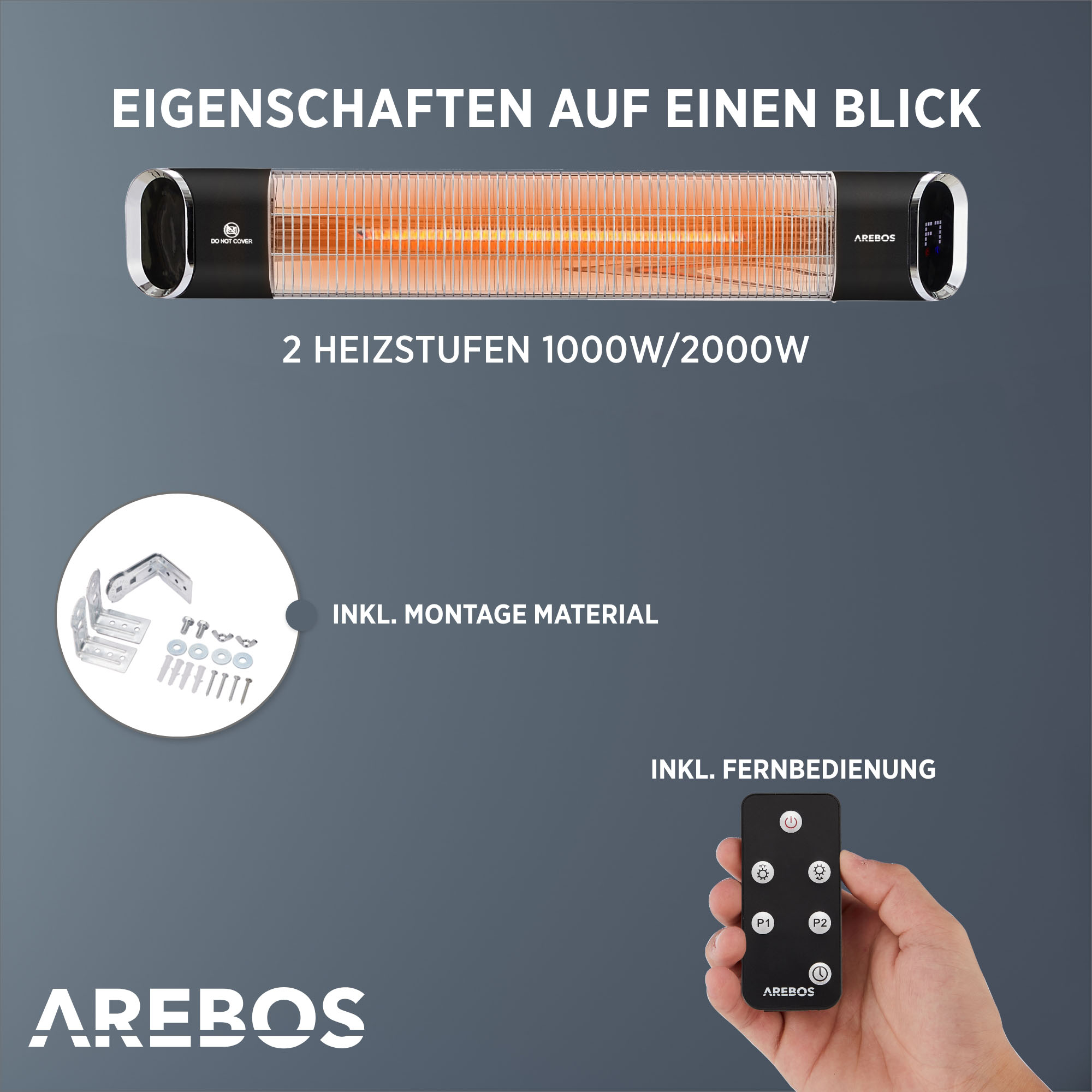 Ein Infrarot-Heizgerät mit Text, Montagematerial und Fernbedienung zur Bedienung.