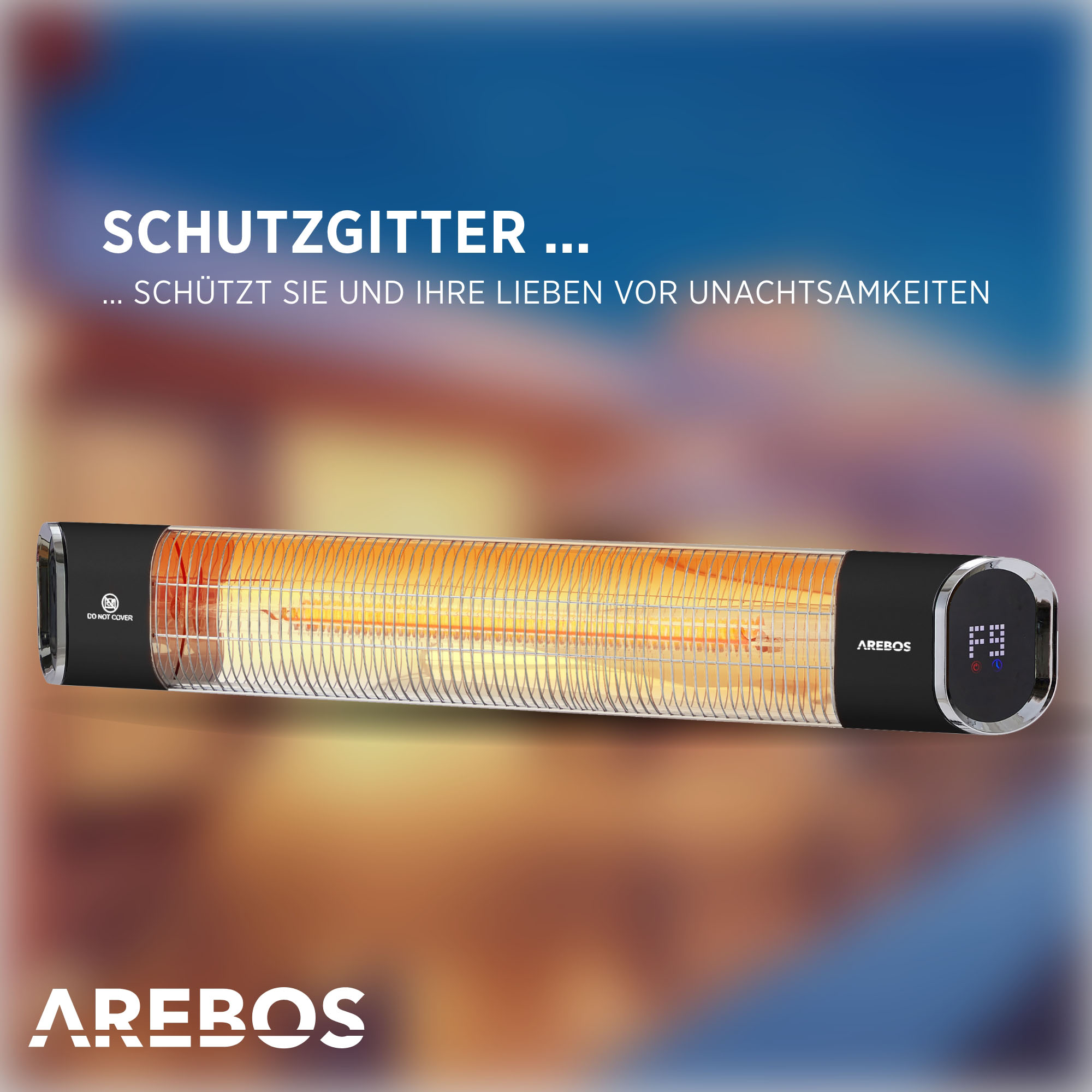 Ein AREBOS-Heizgerät mit Text und unscharfem Hintergrund.