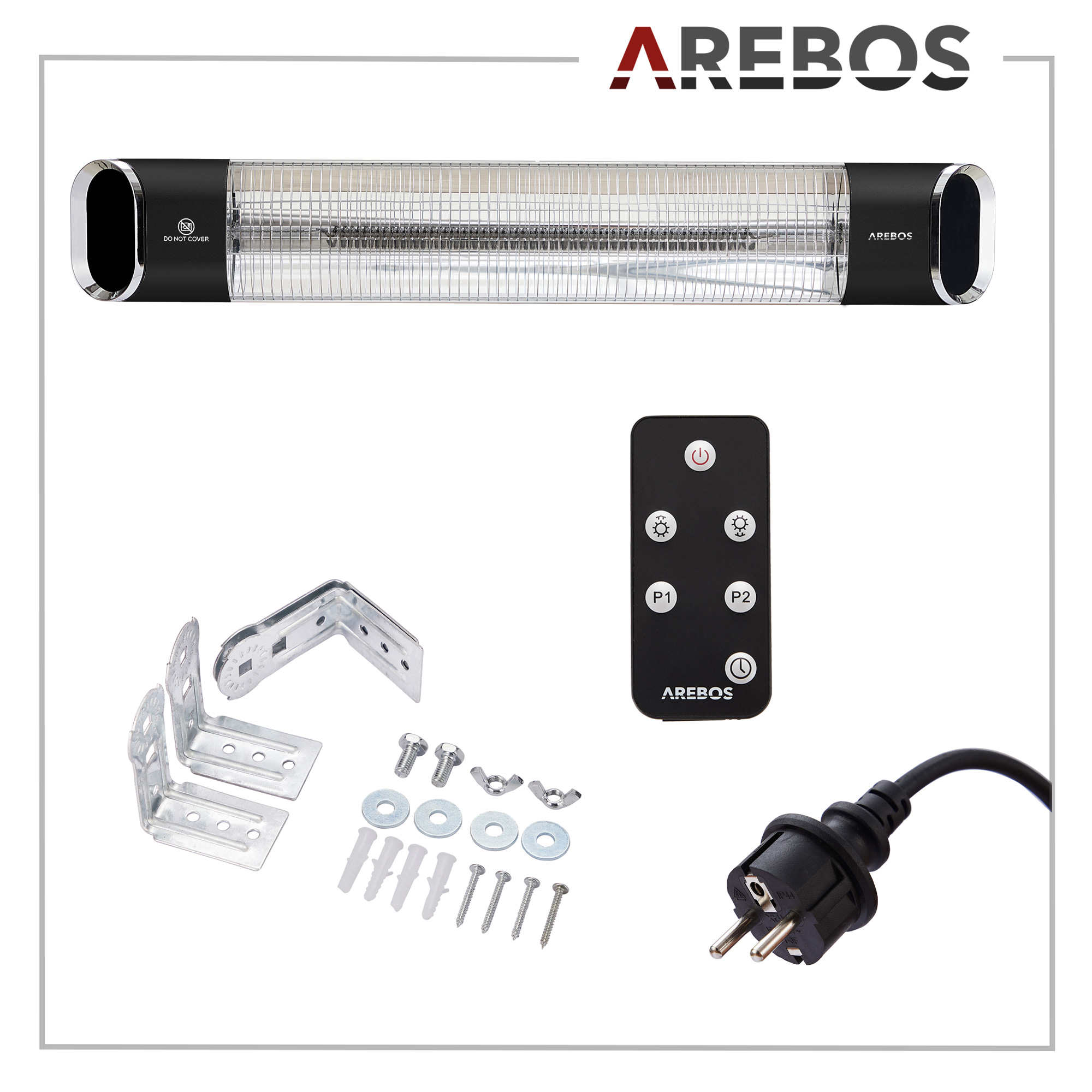 Infrarotheizung mit Fernbedienung, Schrauben und Stecker.