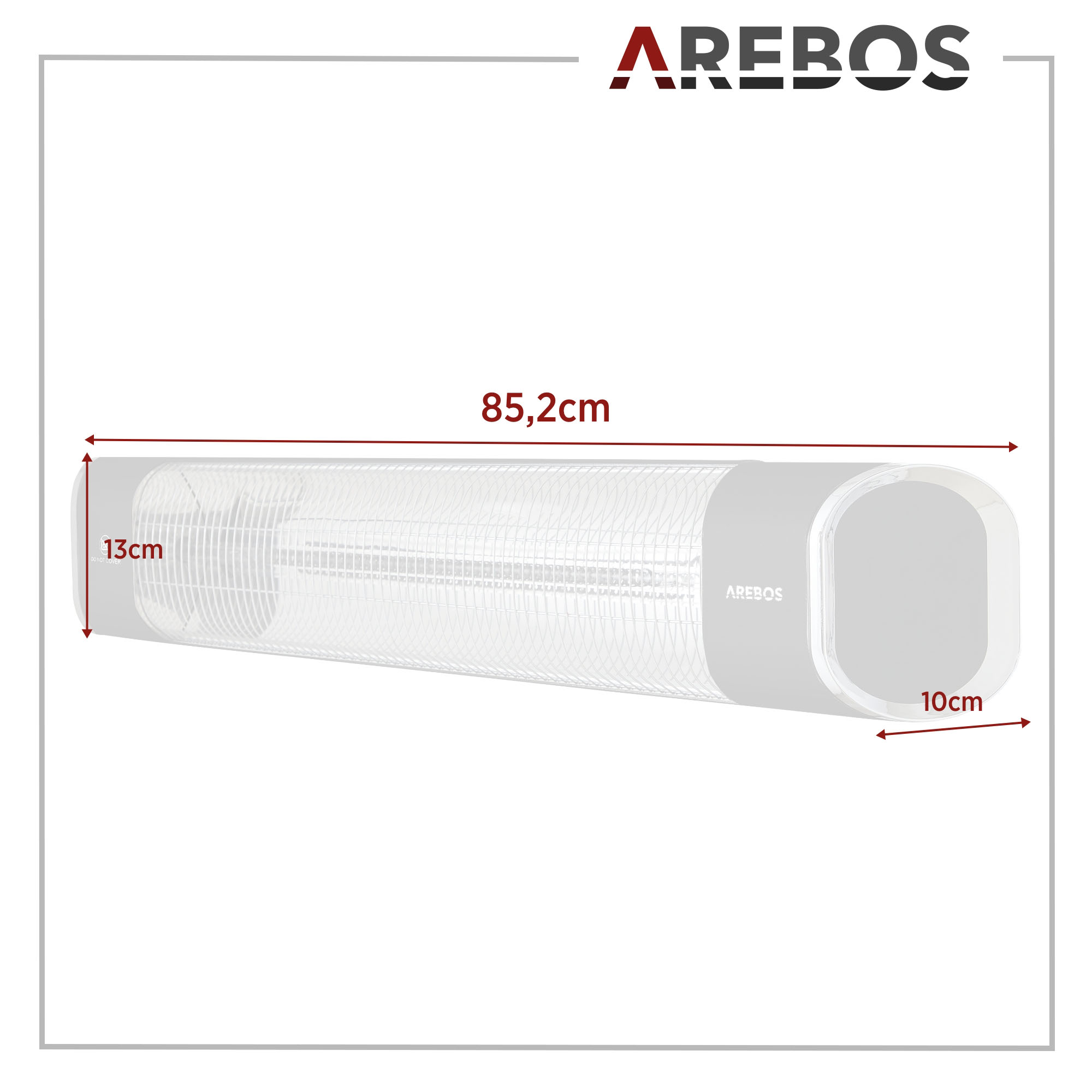 Rechteckiger AREBOS-Heizstrahler, mit Abmessungen 85,2 cm x 13 cm x 10 cm. Weiß.