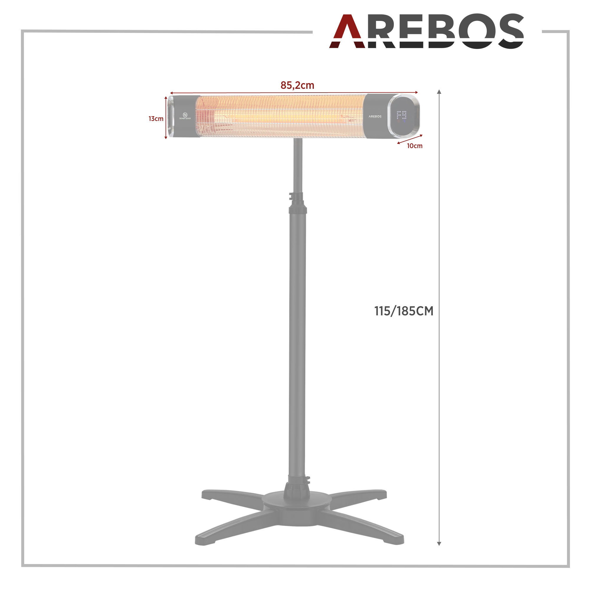 AREBOS mit Fernbedienung Höhenverstellbar | Infrarot Schwarz mit | Neigungswinkel Heizstrahler, 60° | Kreuzstativ