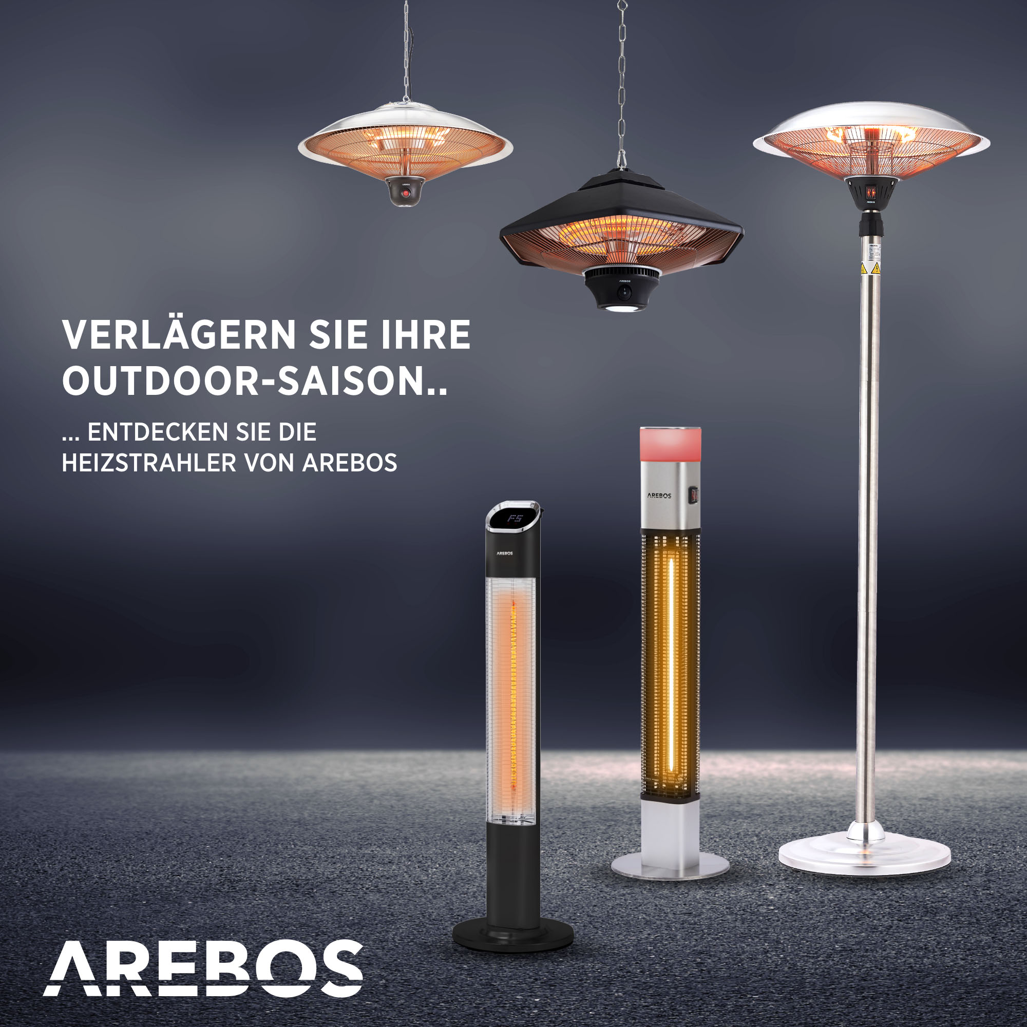 AREBOS 2 Leistungsstufen & 2 Kipp-Abschalter höhenverstellbare | Silber | Standheizstrahler, inkl. Heizröhren Teleskopstange