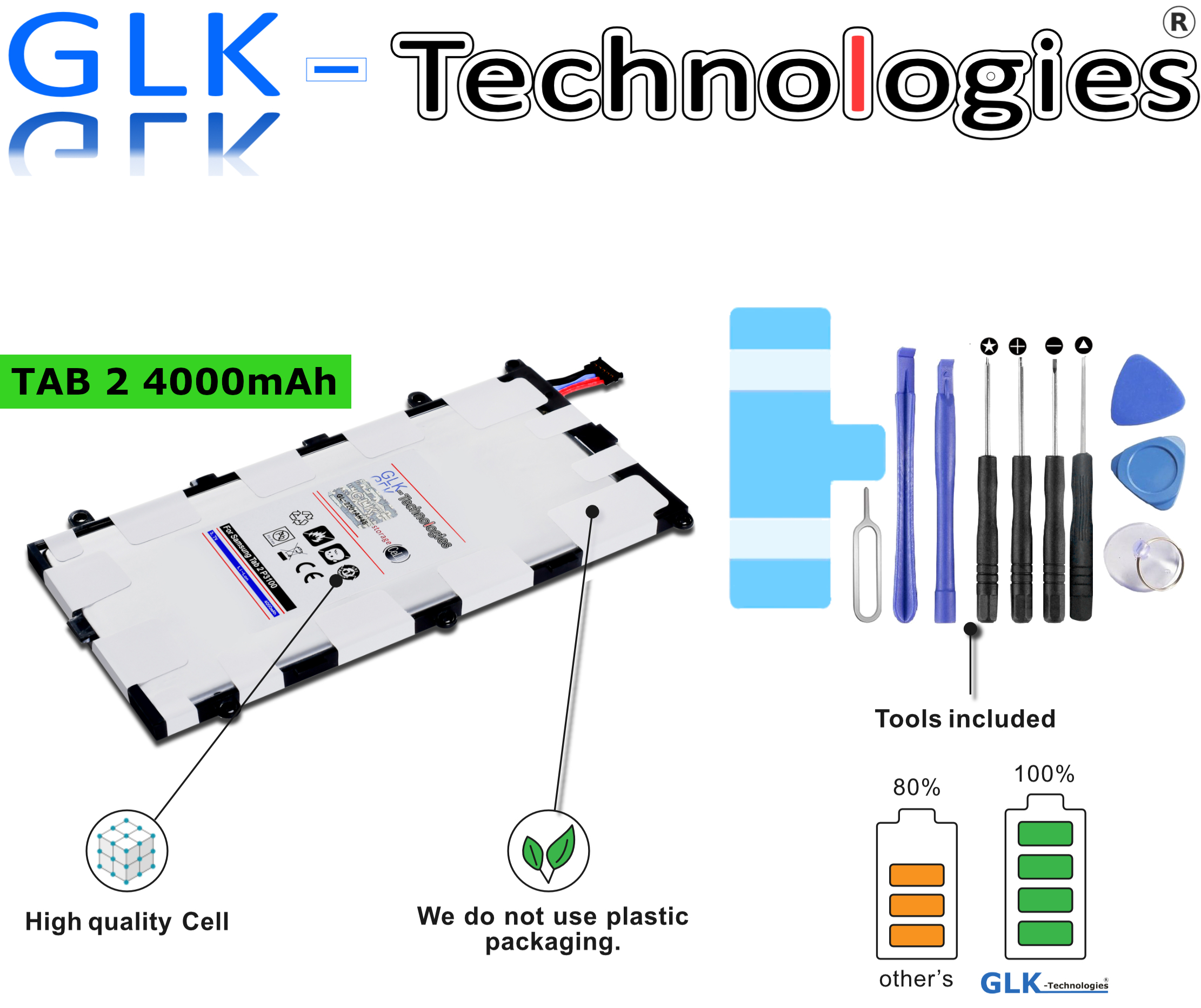 Power Akku GLK-TECHNOLOGIES Ersatz + Li-Ion GT-P3113 Werkzeug für TAB Samsung 4000mAh P3110 7.0 2 Akku Tool GT-P3100 Galaxy Akku High Tablet