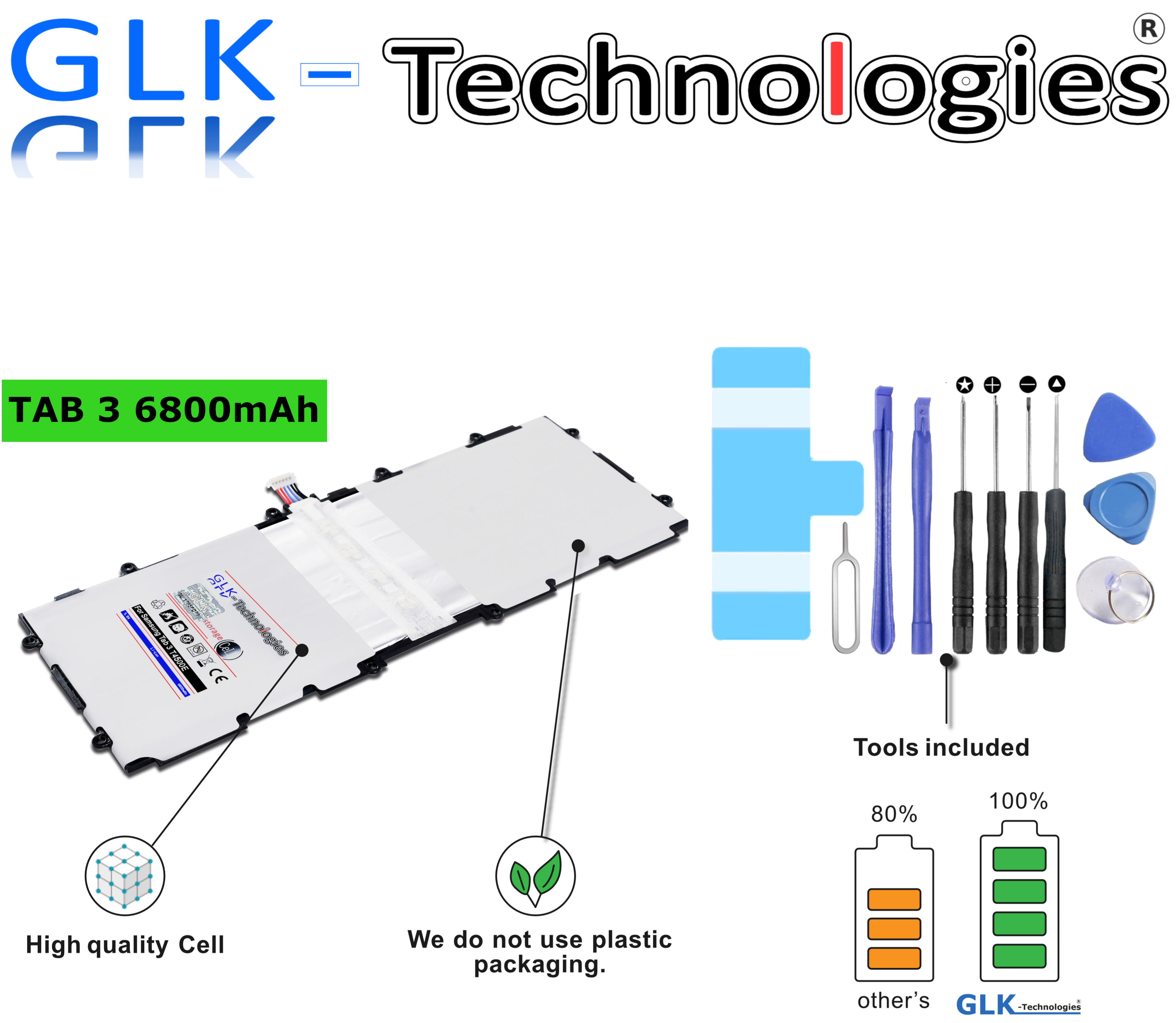 GLK-TECHNOLOGIES High Power Akku Samsung 10.1 Li-Ion Tablet inkl. Galaxy P5220 Werkzeug 3 Tab P5210 6800mAh Akku Battery GT P5200 Ersatz
