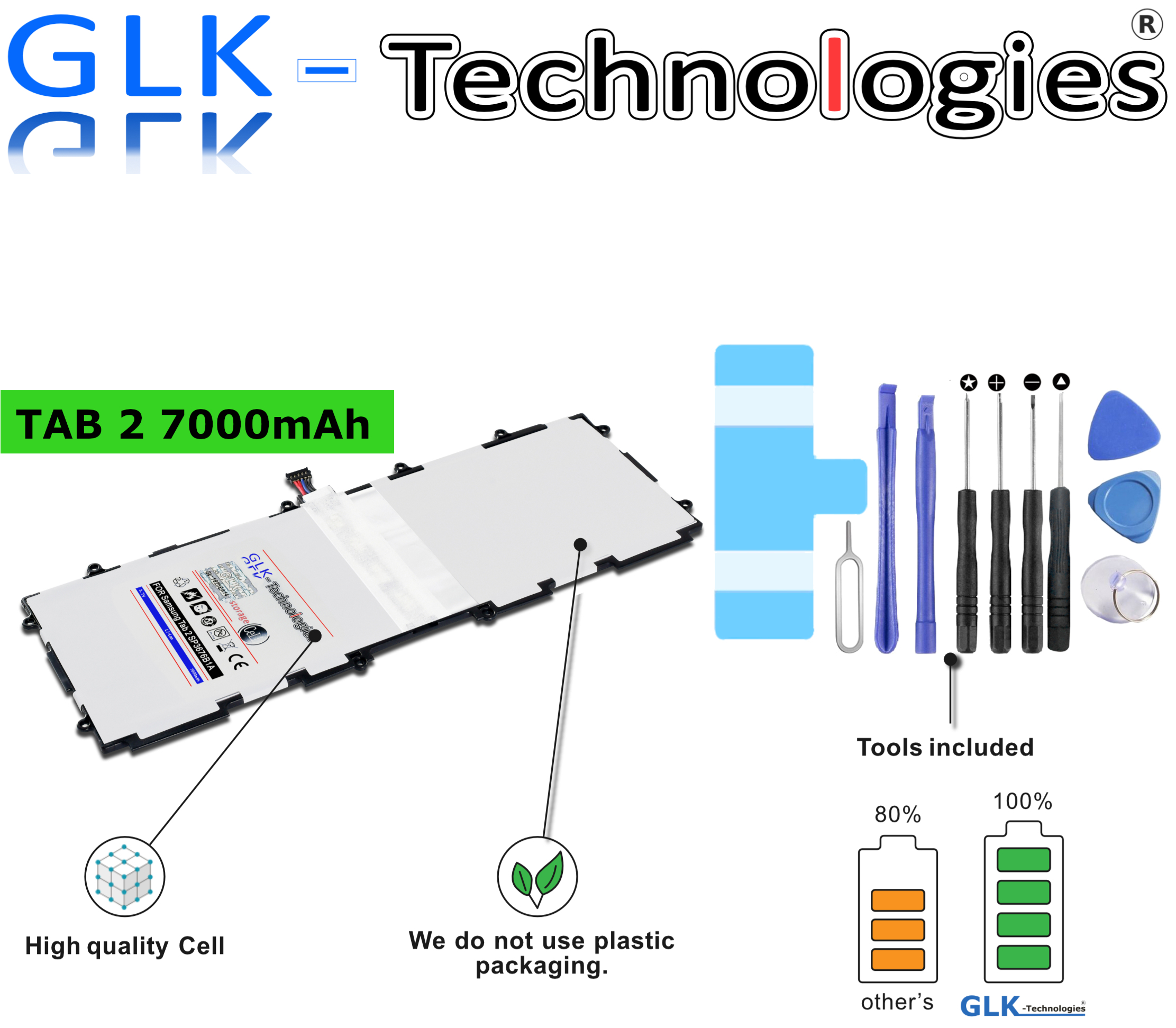 Tab Galaxy Akku High Power + Akku 2 Tablet Li-Ion 7000mAh Ersatz für Samsung Akku Tool Galaxy GT-N8000 Werkzeug GLK-TECHNOLOGIES GT-N8010