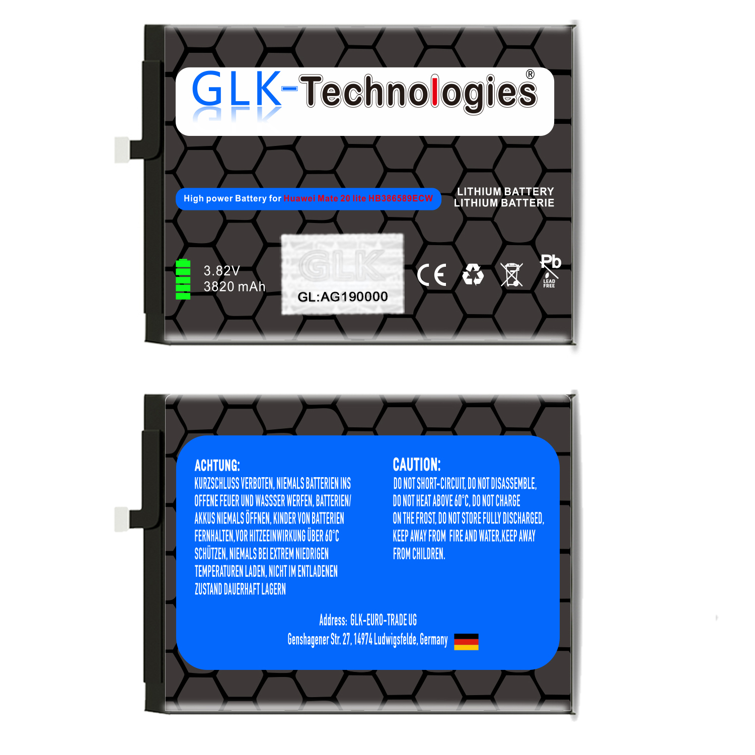 Ersatz Ersatz HB386589ECW 2x Battery P10 Akku Power Lithium-Ionen-Akku Plus Huawei GLK-TECHNOLOGIES Akku 3820mAh High inkl. für Smartphone Klebebandsätze