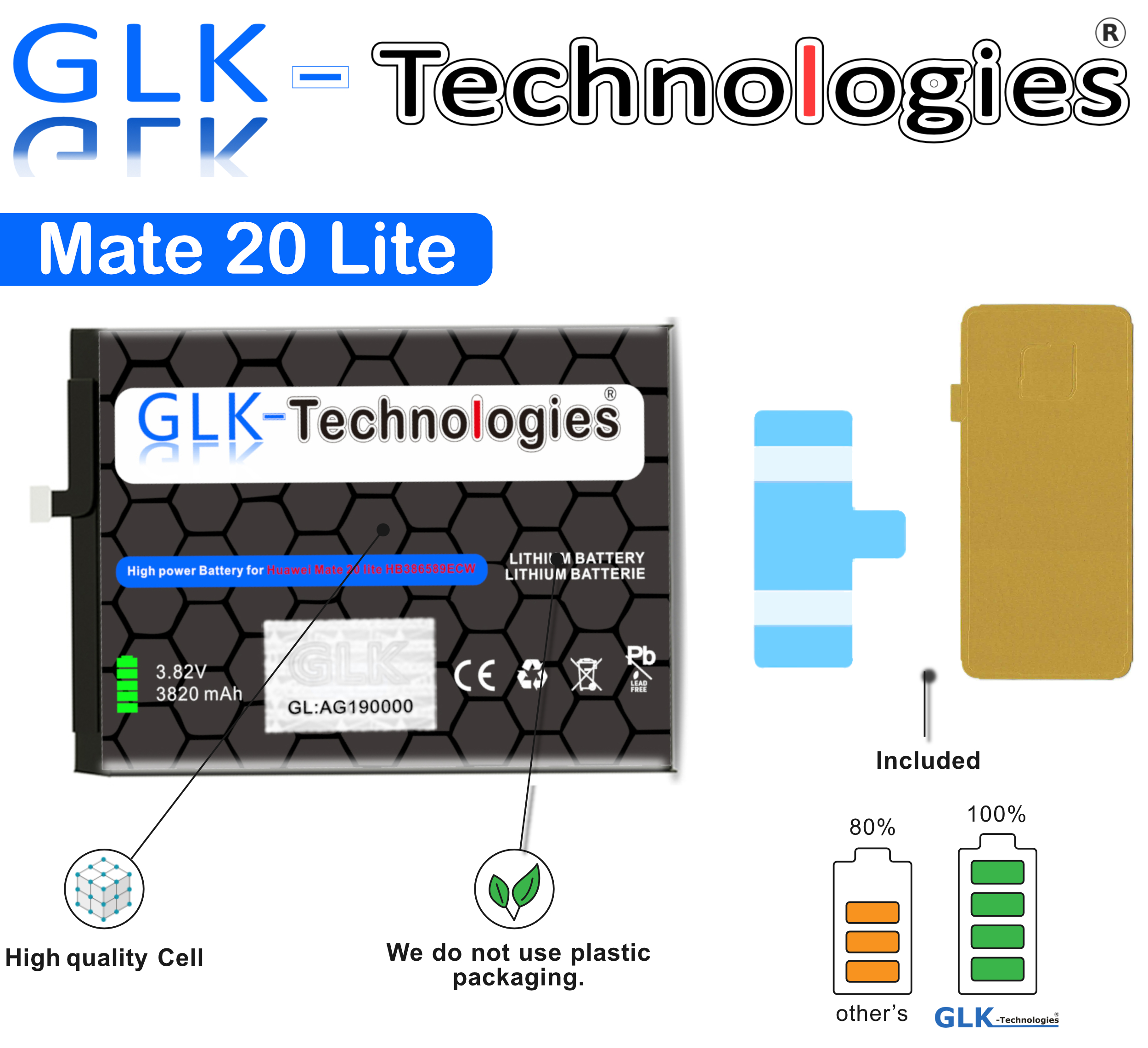 High Mate Power 20 inkl. / Lite Akku Smartphone Akku | Ersatz Akku P10 Li-Ion Huawei GLK-TECHNOLOGIES Plus/Honor für Klebestreifen Battery