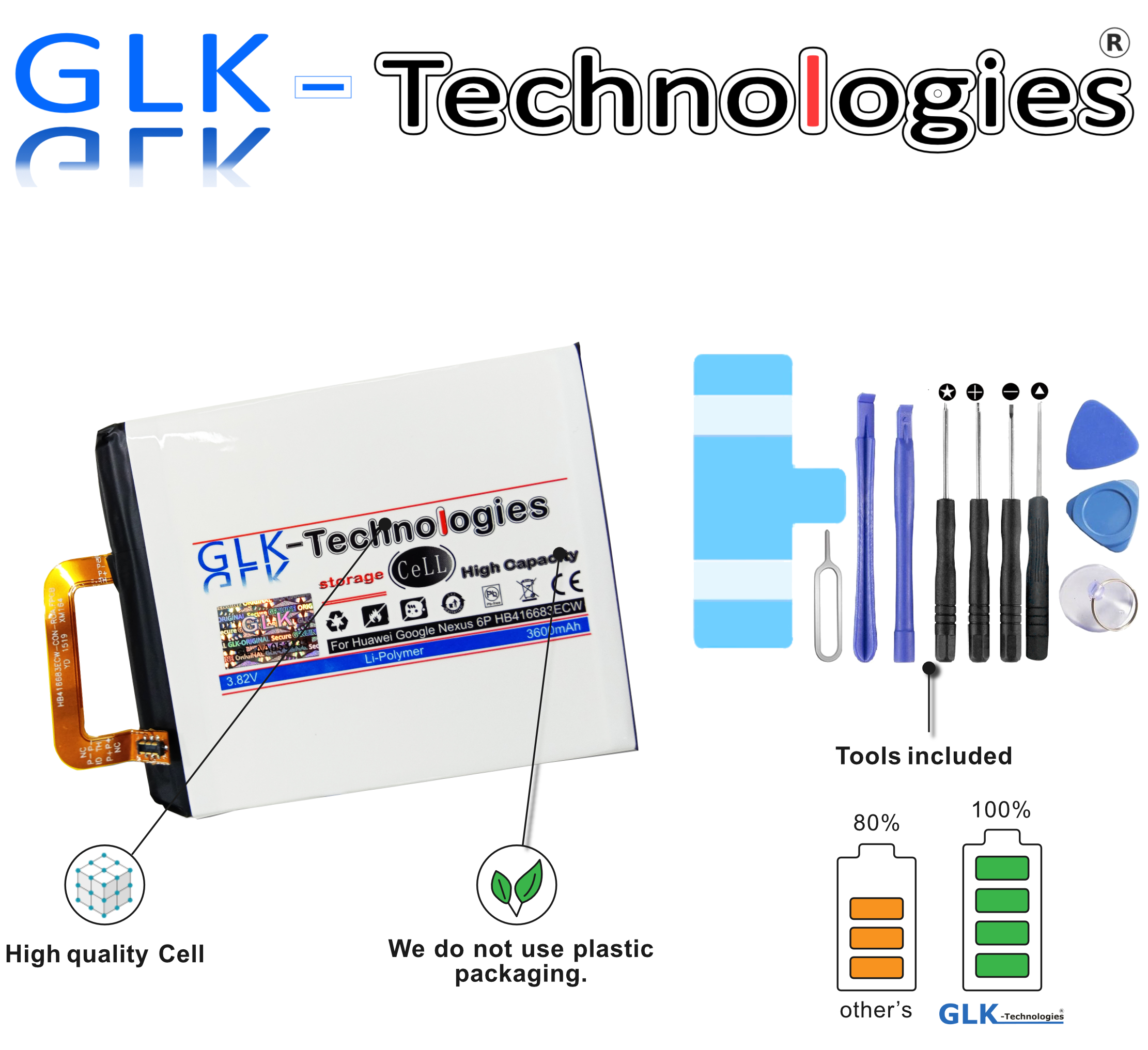 Nexus Google Akku A2 inkl. GLK-TECHNOLOGIES H1511 A1 für Li-Ion Werkzeug HB416683ECW H1512 6P Huawei Battery Smartphone Ersatz Akku Angler Set