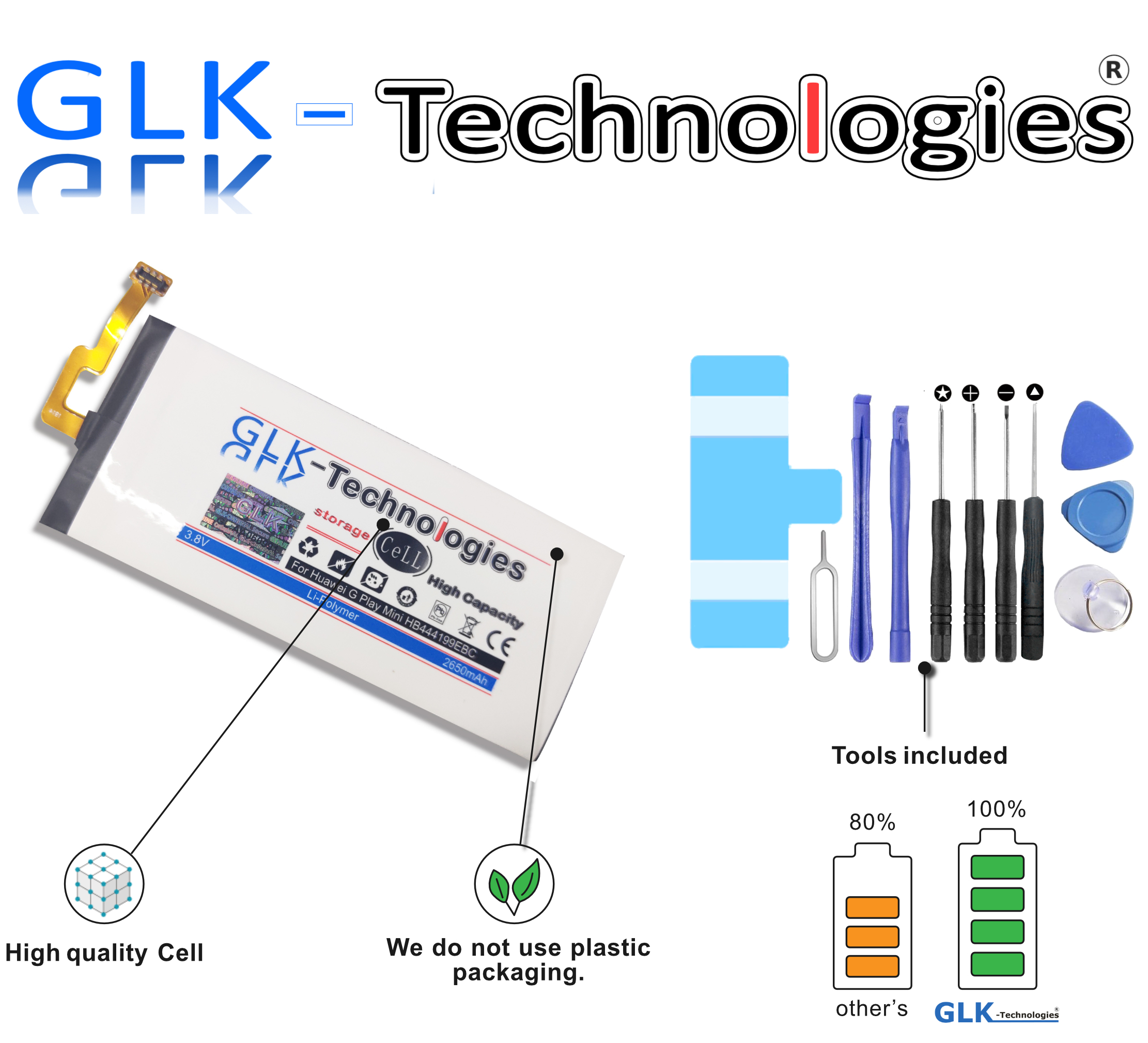 GLK-TECHNOLOGIES Akku für Huawei G Ersatz HB444199EBC Play Mini Honor Smartphone mAh 4C Akku | inkl Li-Ion Werkzeugset | 2650