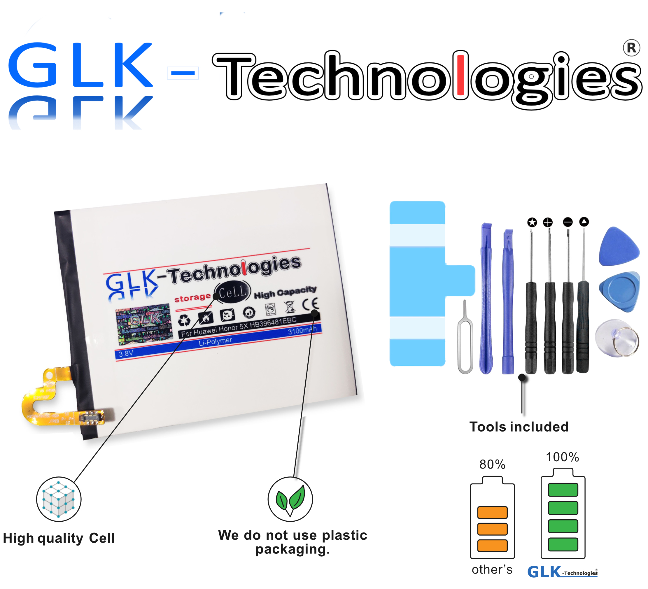 inkl 3100 Ersatz Akku | 6 Honor Akku GLK-TECHNOLOGIES G8 Honor für Li-Ion Smartphone Batterie // NEU Huawei | HB396481EBC 5X mAh Werkzeugset |