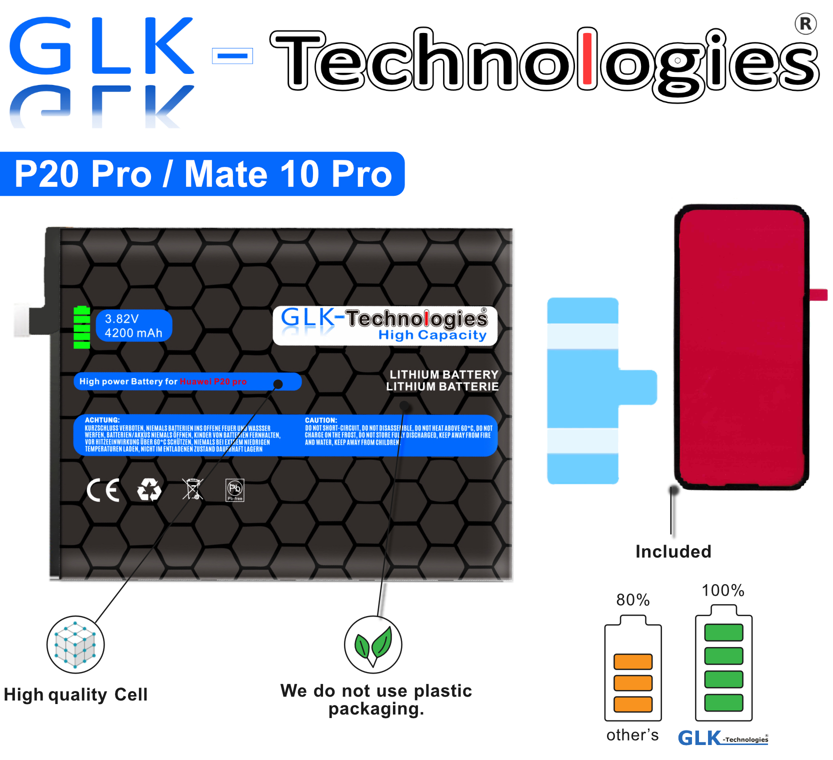 GLK-TECHNOLOGIES High 10 Power Mate Huawei 2X Klebebandsätze Akku Smartphone Li-Ion PRO Mate 10 P20 für PRO Akku HB436486ECW Ersatz