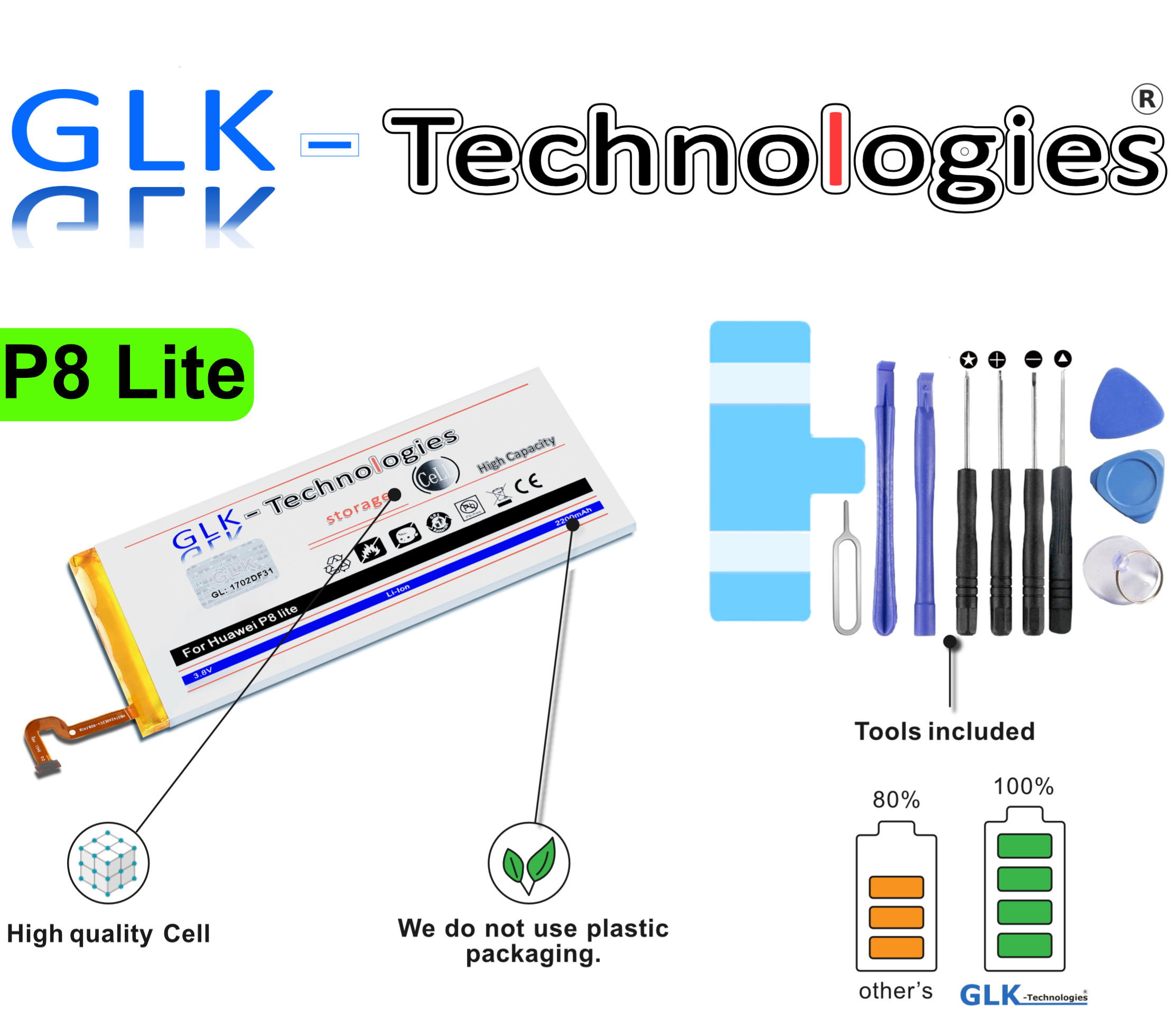 GLK-TECHNOLOGIES Li-Ion Ersatz P8 für Akku Akku Werkzeug HB3742A0EZC inkl. Battery Kit Ersatz Huawei Set Smartphone Lite