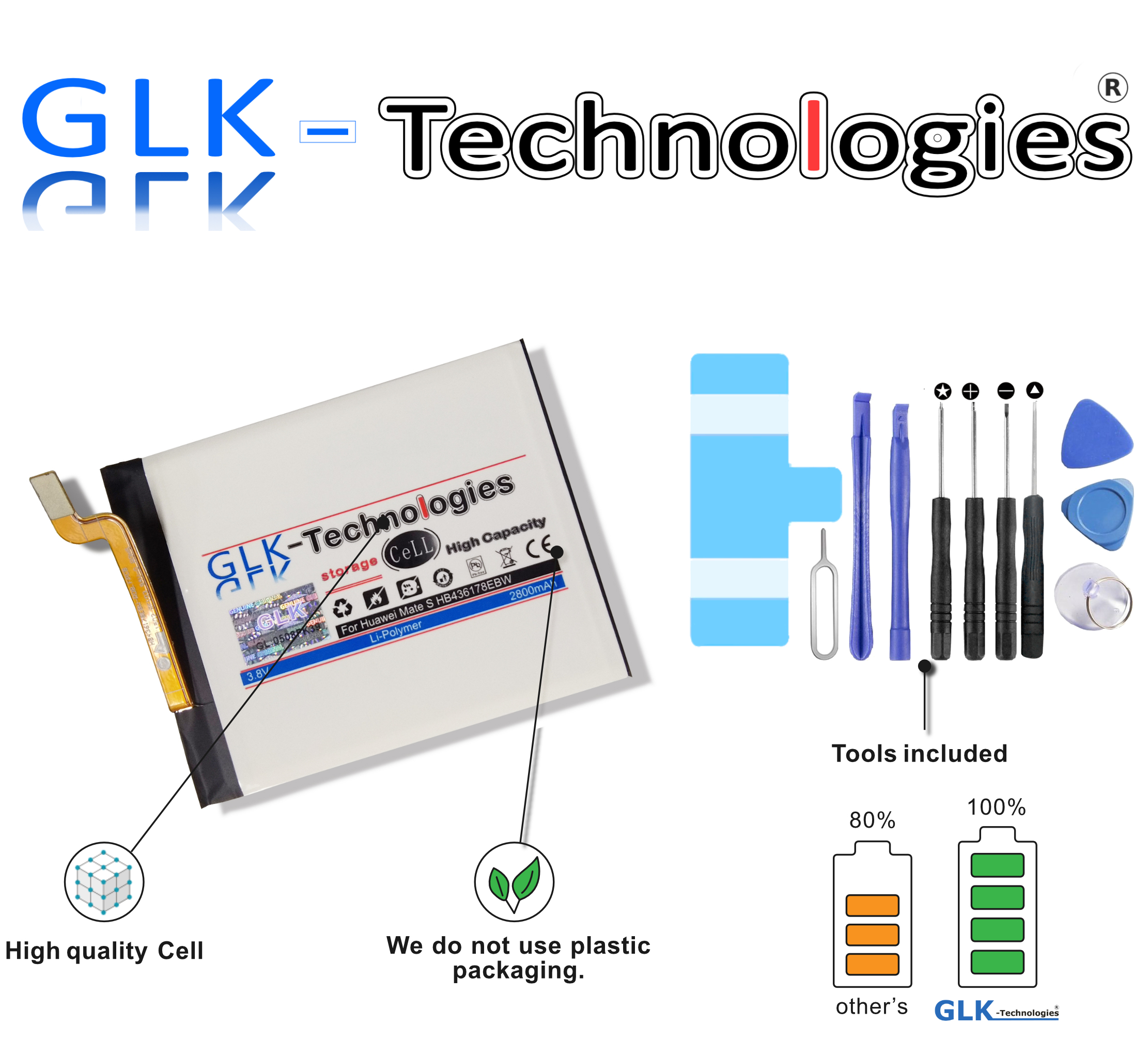 Akku GLK-TECHNOLOGIES Li-Ion Ersatz inkl HB436178EBW Werkzeugset Mate Akku Huawei | für 2800 Mate S Battery mAh 7S Handy Ascend | Smartphone