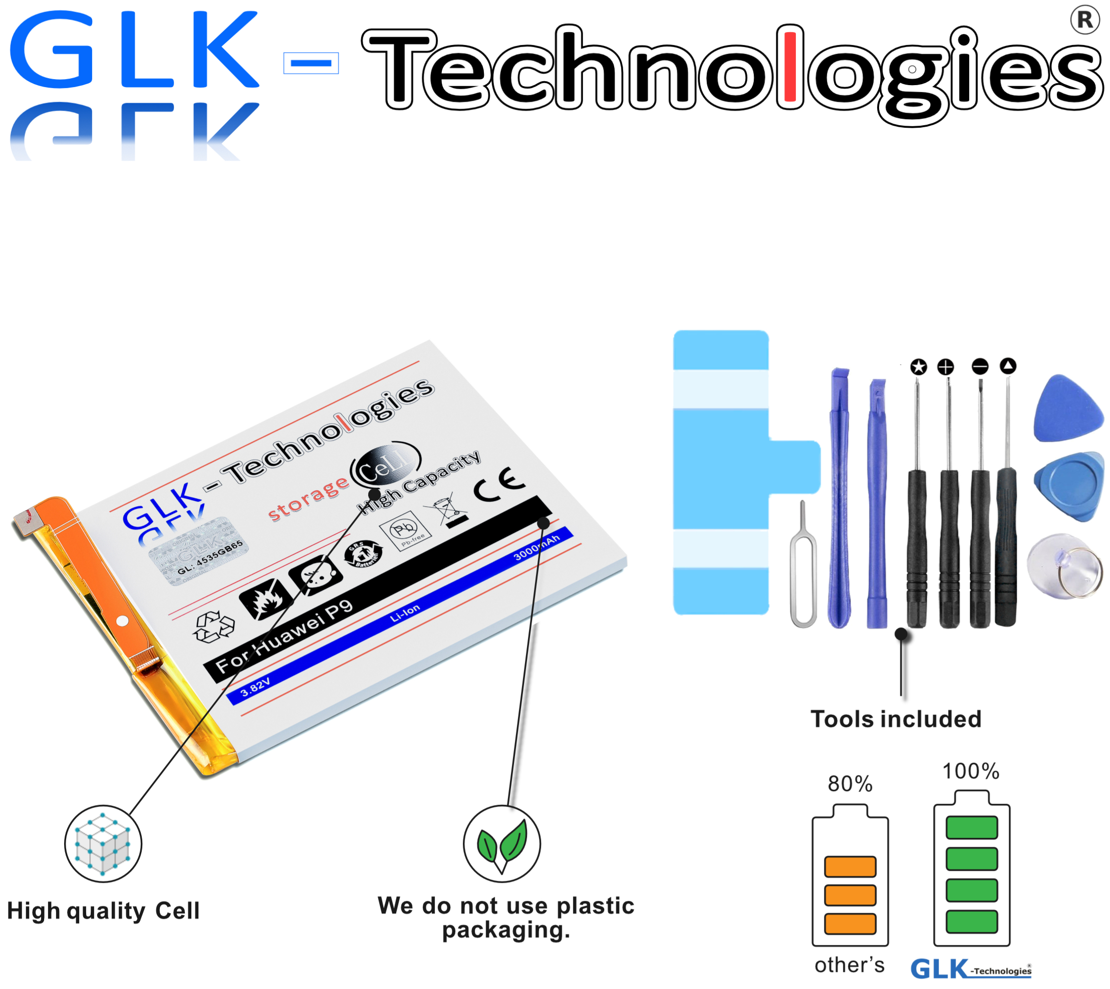 GLK-TECHNOLOGIES High Power Ersatz Akku Huawei Akku Smartphone Kit HB366481ECW Ersatz inkl. Werkzeug P9 Li-Ion Battery für Set