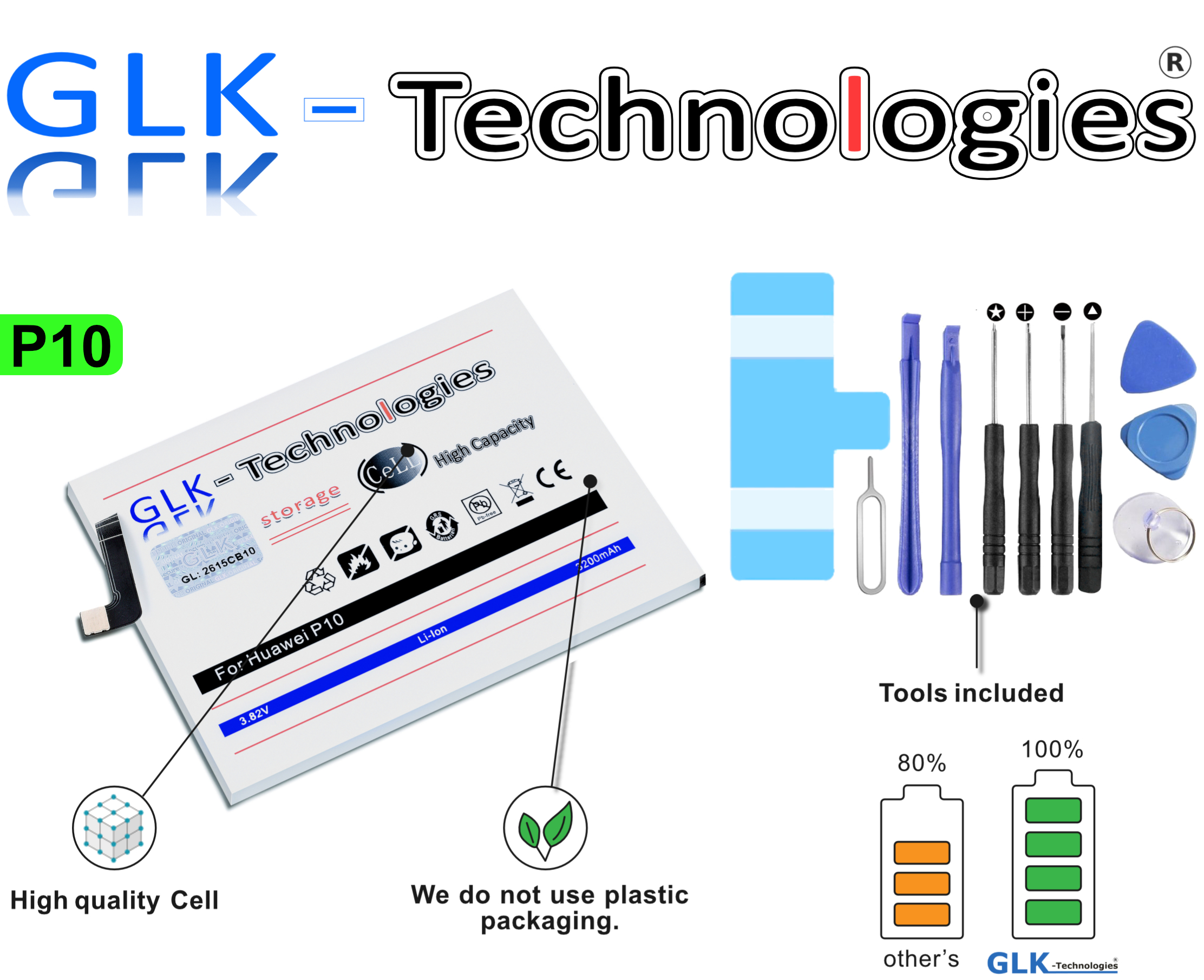 GLK-TECHNOLOGIES High Power Ersatz HB386280ECW Smartphone Werkzeug Ersatz Set Li-Ion Akku inkl. Kit für P10 Battery Huawei Akku