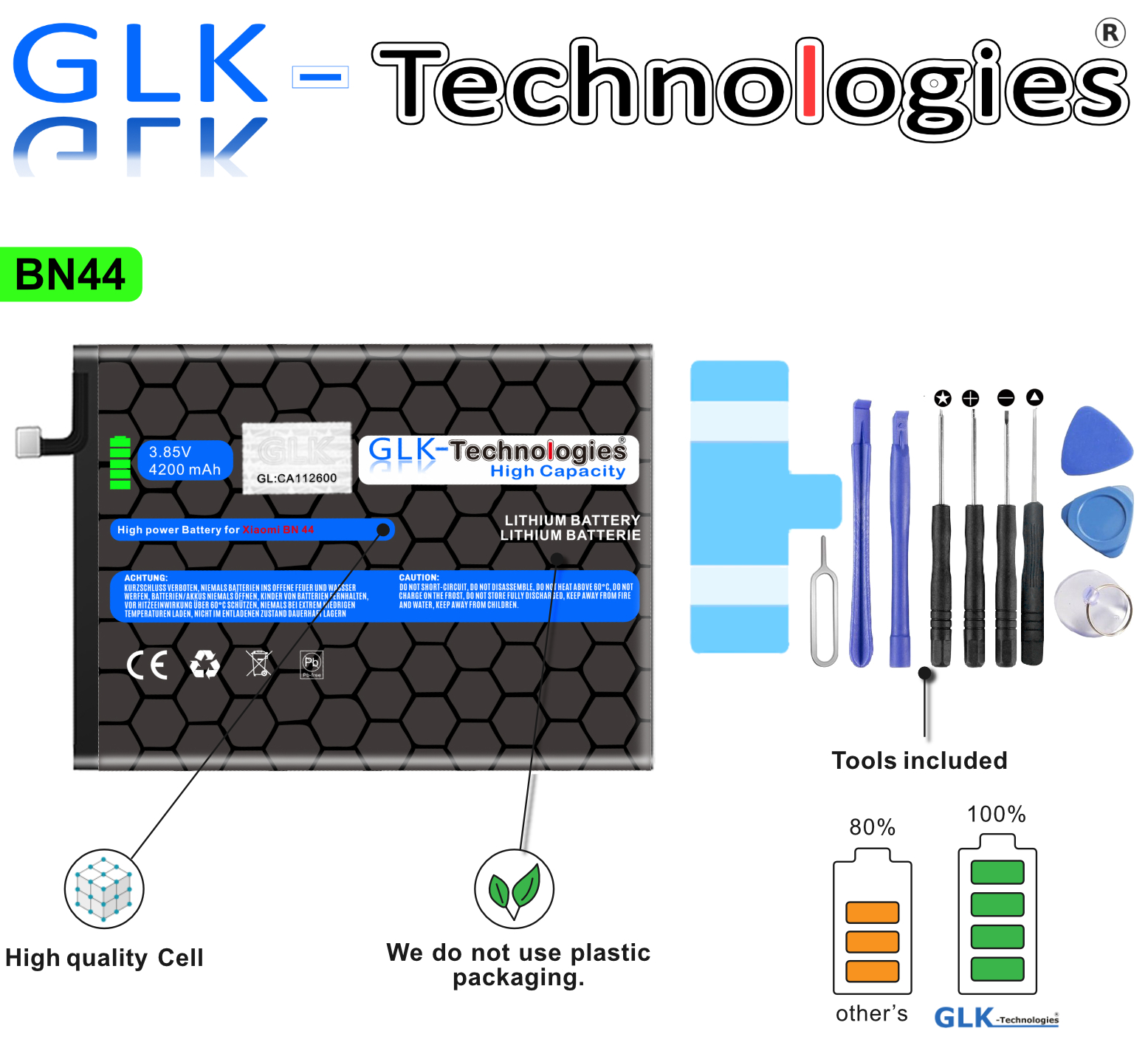 GLK-TECHNOLOGIES Redmi Werkzeug Ersatzakku Smartphone 5 5 Xiaomi für 4200mAh Redmi Set Li-Ion BN44 Plus Akku Power inkl. High Ersatz Note