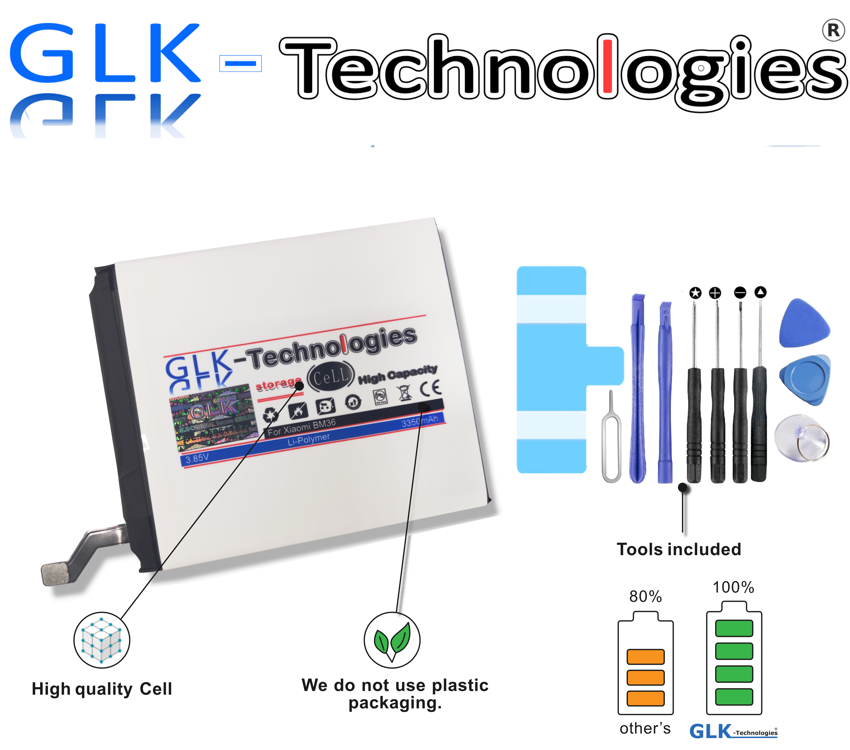 // Smartphone Power Akku High GLK-TECHNOLOGIES für BM36 5s Li-Ion Xiaomi Werkzeugset mAh Ersatz | Mi5s Batterie 3350 Akku inkl Mi