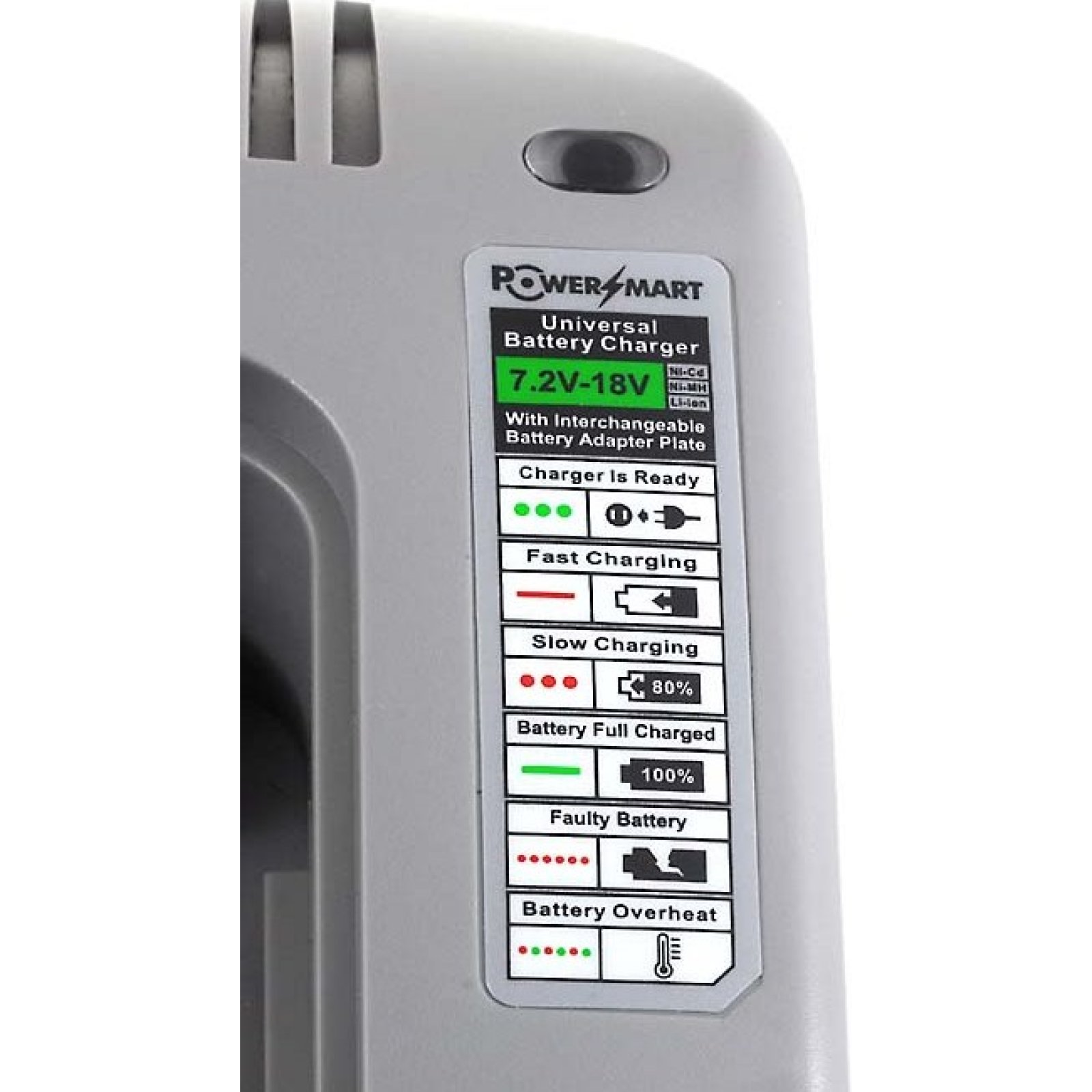 Cargador gris y negro con etiqueta PowerSmart y luces de estado, fondo blanco.