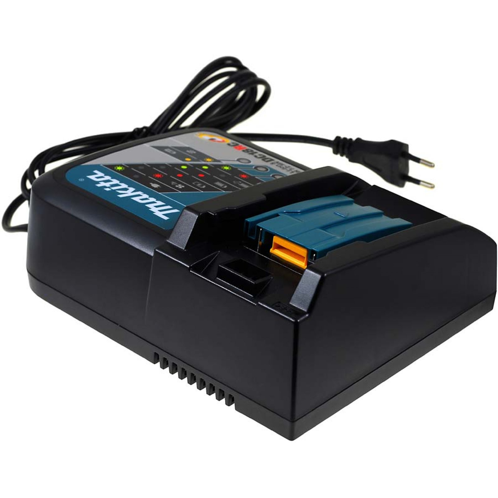 Cargador de batería Makita negro con cable de alimentación e indicador naranja.