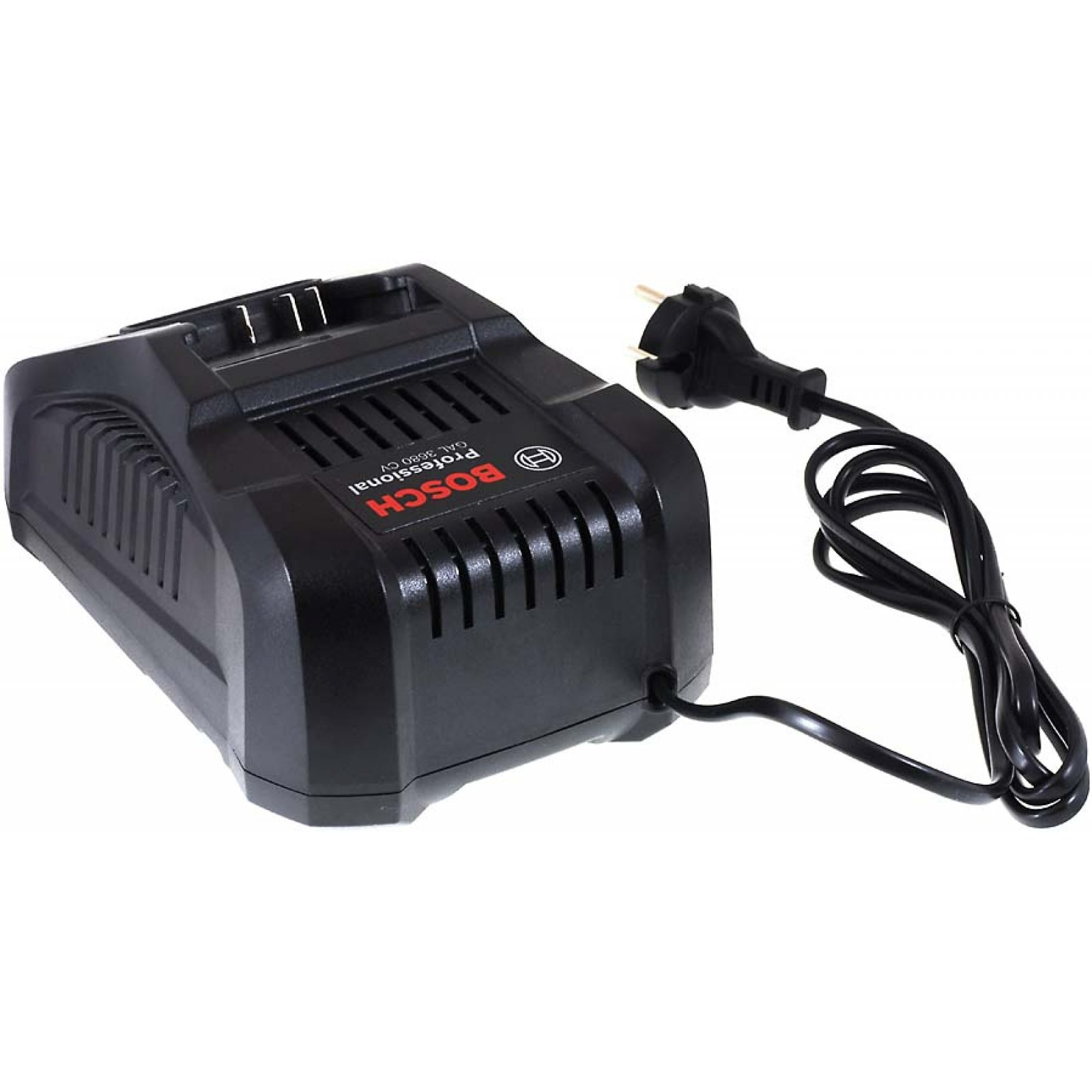 Cargador profesional Bosch negro con cable de alimentación negro, en ángulo hacia la derecha.