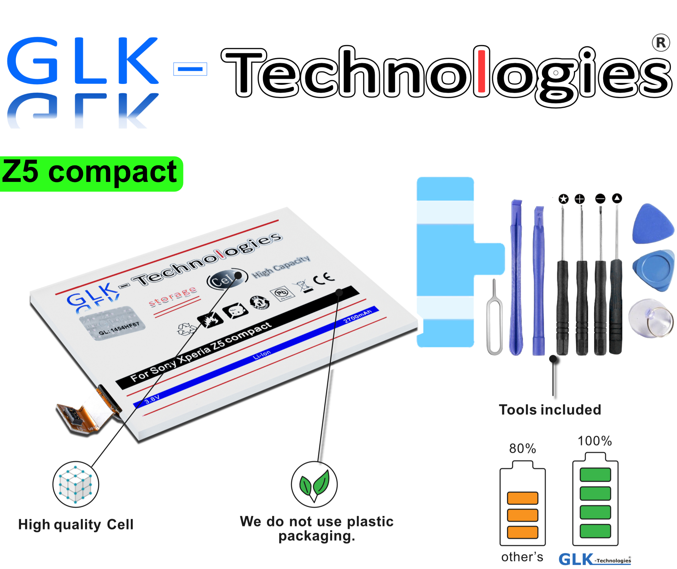GLK-TECHNOLOGIES High Power Akku für Werkzeug Compact Z5 Sony Battery LIS1594ERPC Smartphone Ersatz inkl. mAh Li-Ion Akku 2700 Xperia
