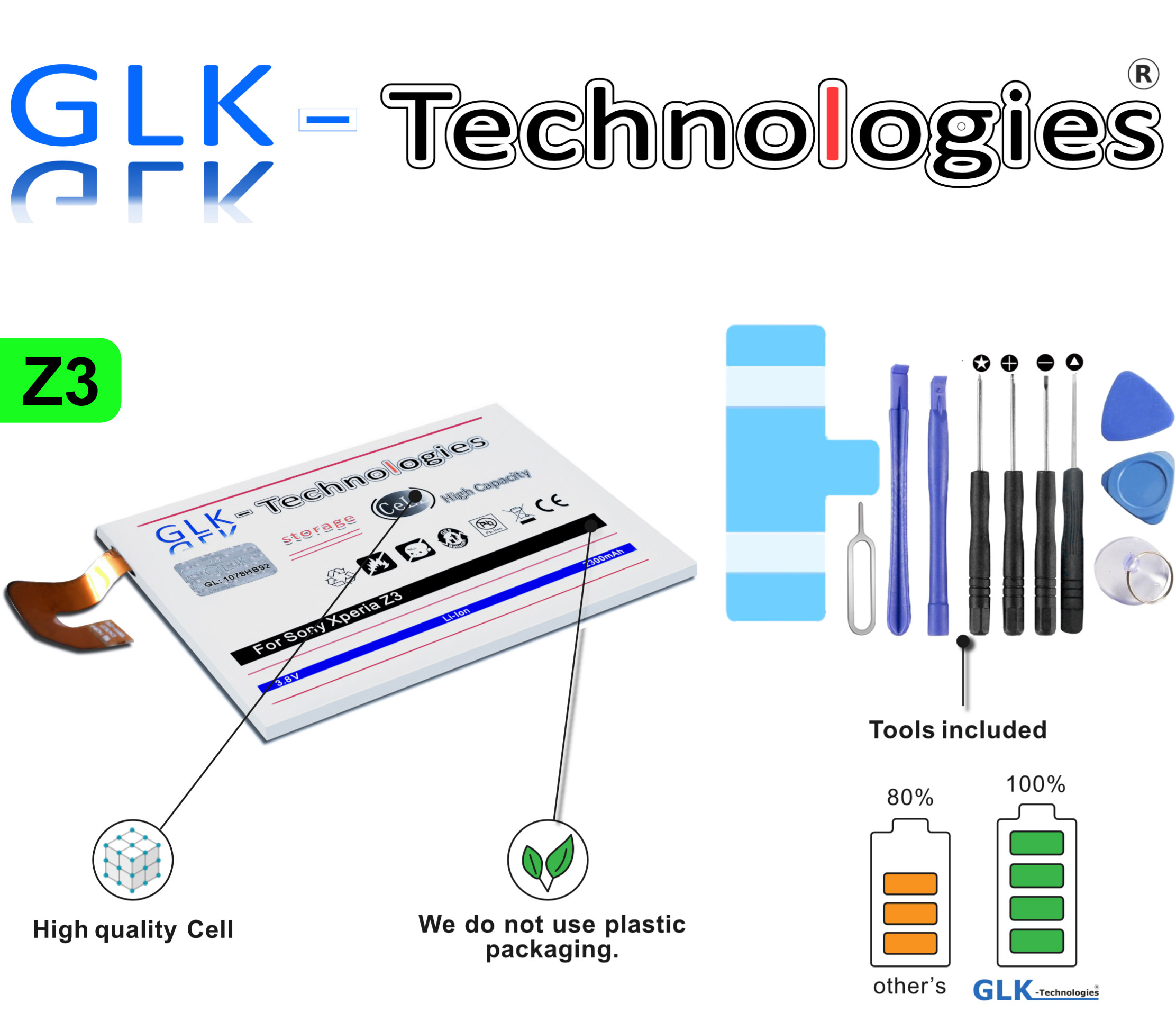 GLK-TECHNOLOGIES High mAh für Akku Z3 Li-Ion Xperia Sony Werkzeug Power Ersatz inkl. Set Battery Smartphone 2300 Akku D6603