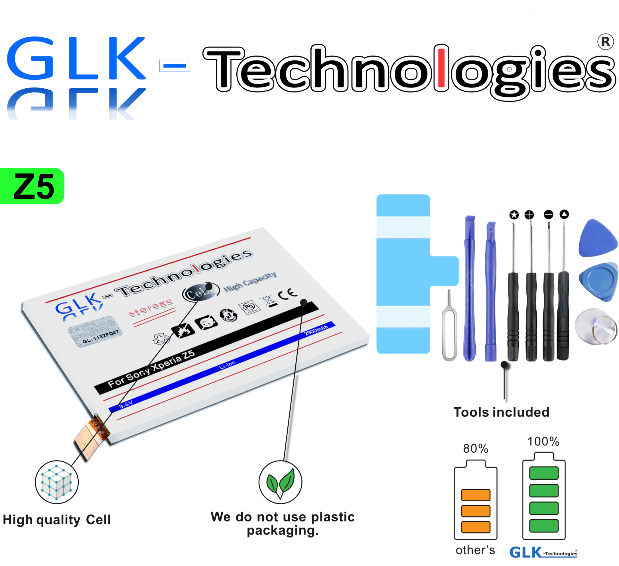GLK-TECHNOLOGIES High Power Akku für mAh Xperia Werkzeug Battery Akku inkl 2900 LIS1593ERPC Sony Z5 Ersatz Smartphone Li-Ion