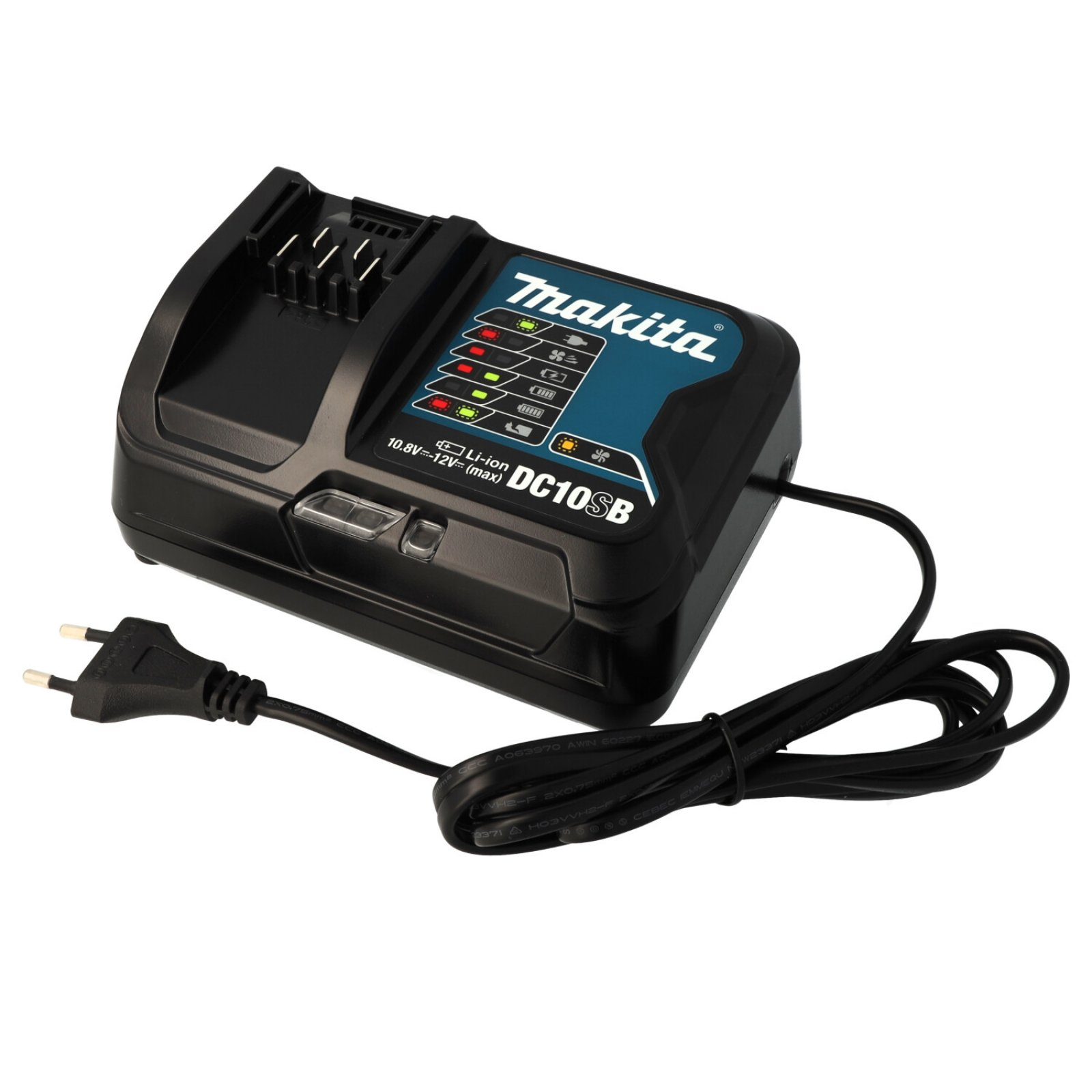Cargador Makita negro con panel azul, indicadores de carga y cable negro. Se ve un enchufe de dos clavijas.