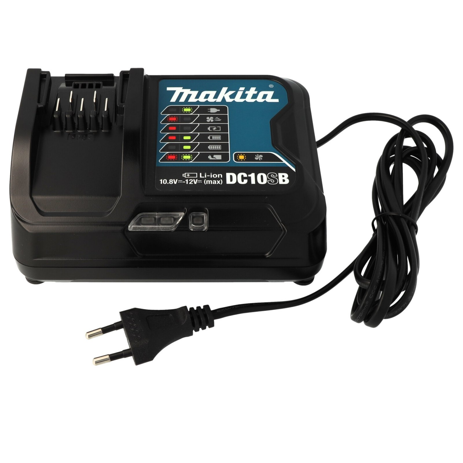 Cargador Makita negro con cable de alimentación y enchufe, sobre fondo blanco.