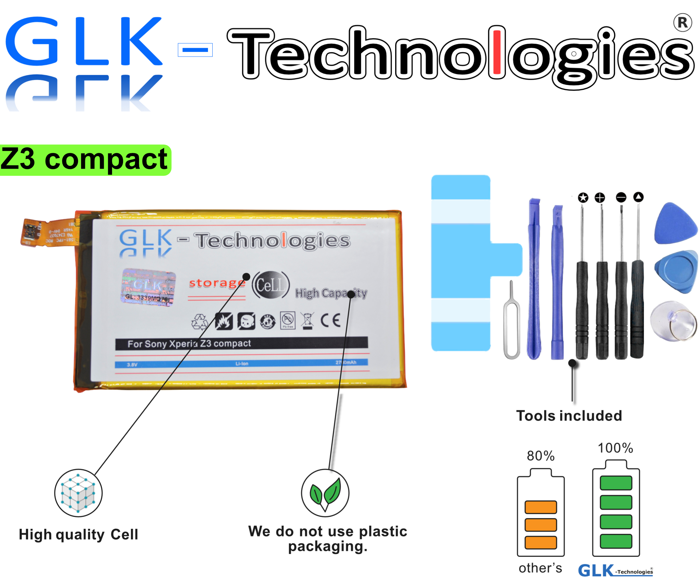/ Power Sony Compact Reparaturset Smartphone Werkzeug Akku Xperia High mit Set 2700mAh Li-Ion Akku für Z3 GLK-TECHNOLOGIES Inkl. Ersatz