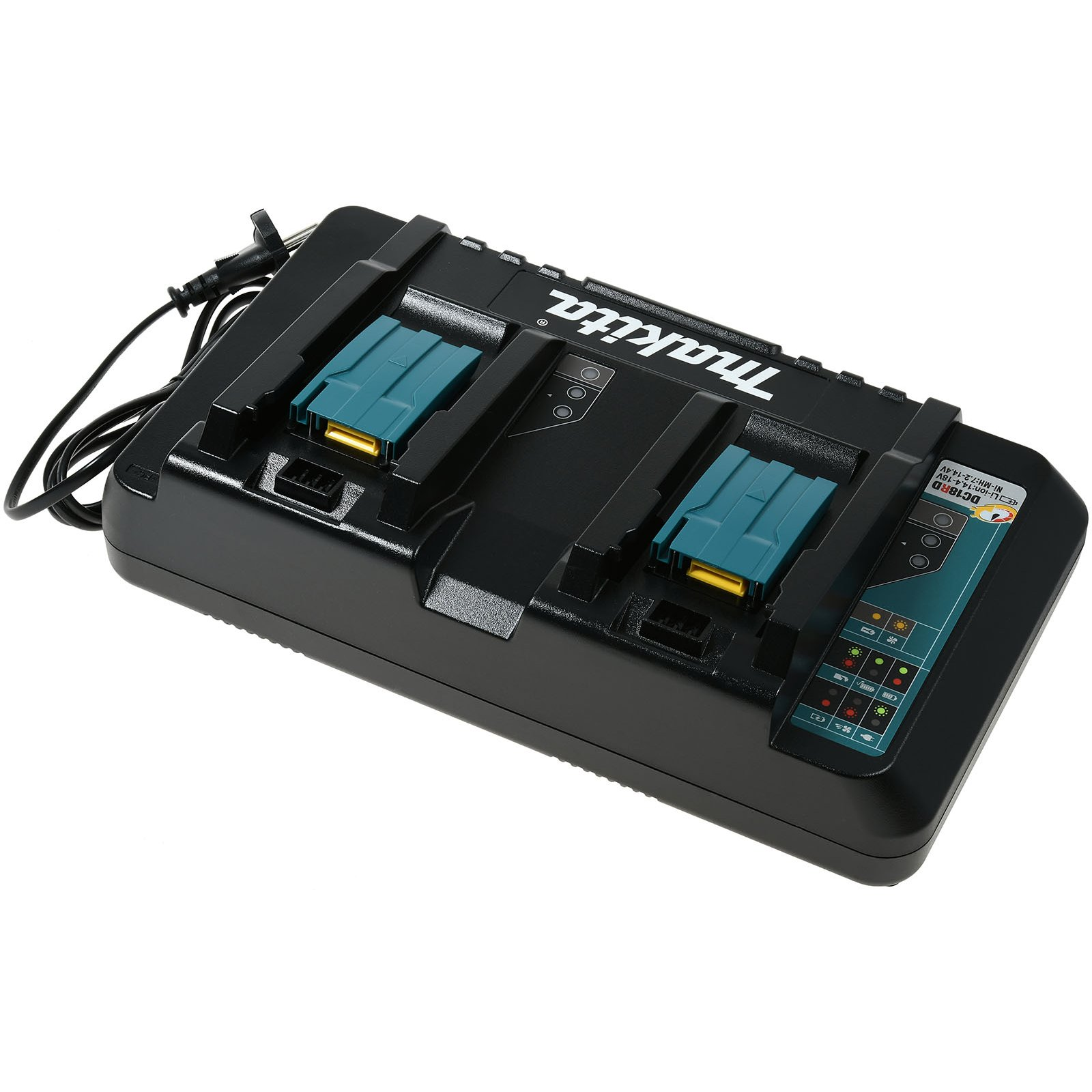 Cargador de batería Makita negro. Tiene dos puertos de carga y varias luces indicadoras.