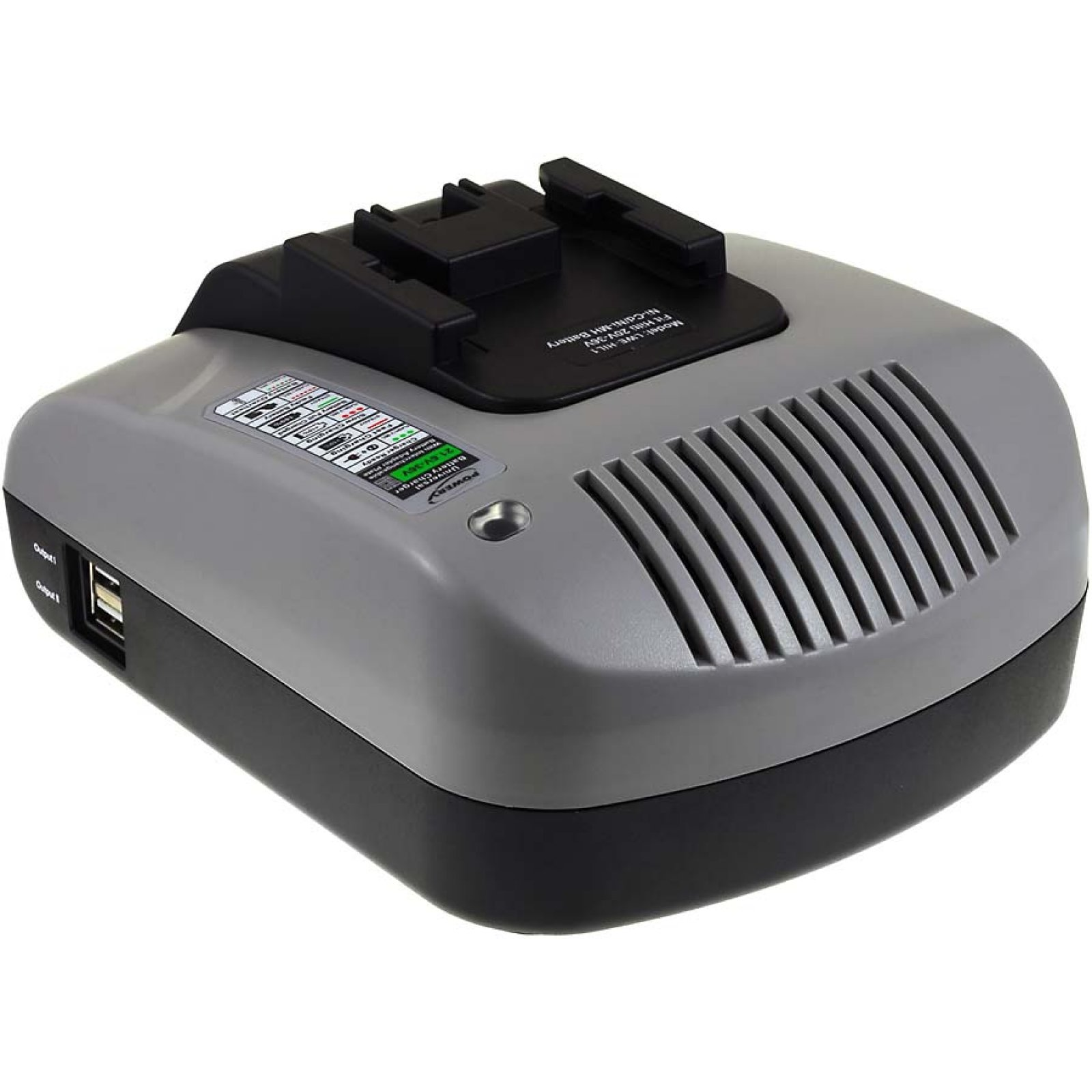 Cargador de batería gris y negro con ranura de carga, puertos USB y luces indicadoras.